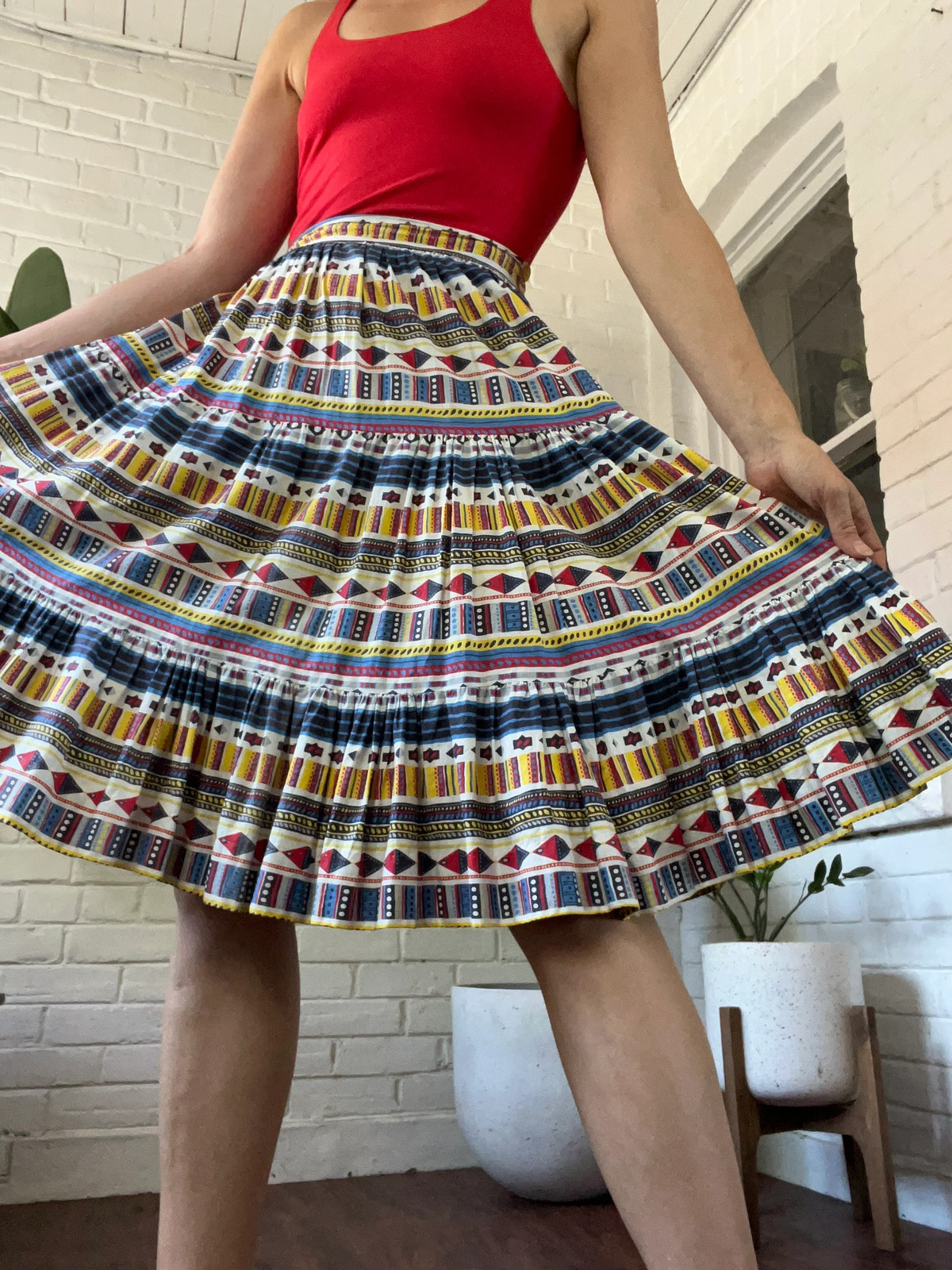 GEOMETRIC STRIPE Vintage 1950s Tiered Cotton Swing Skirt Bright Primary Colours