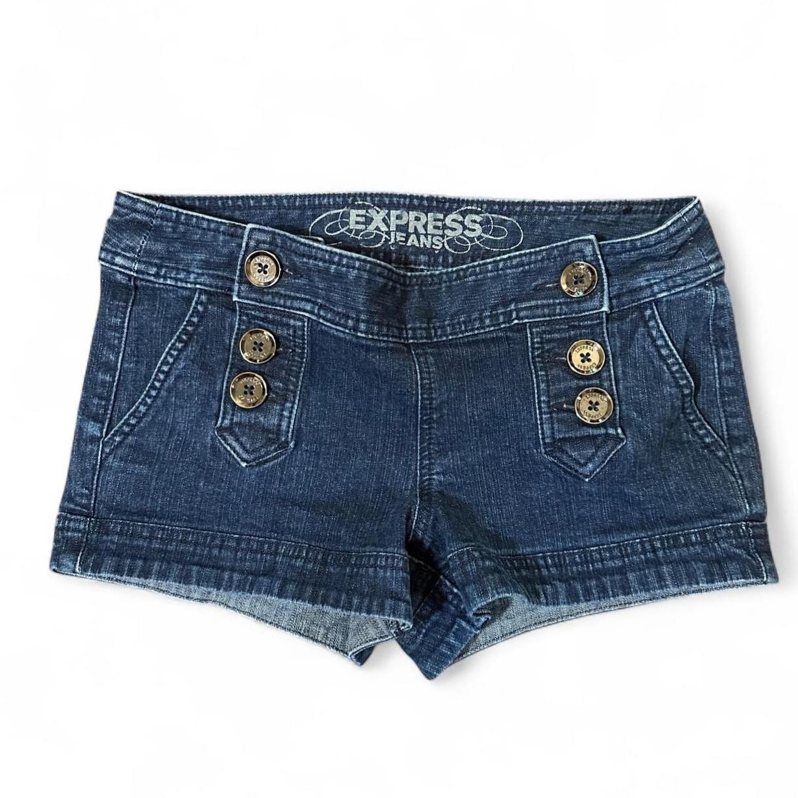 Express 2011 Navy Nautical Double Button Micro Mini Denim Shorts