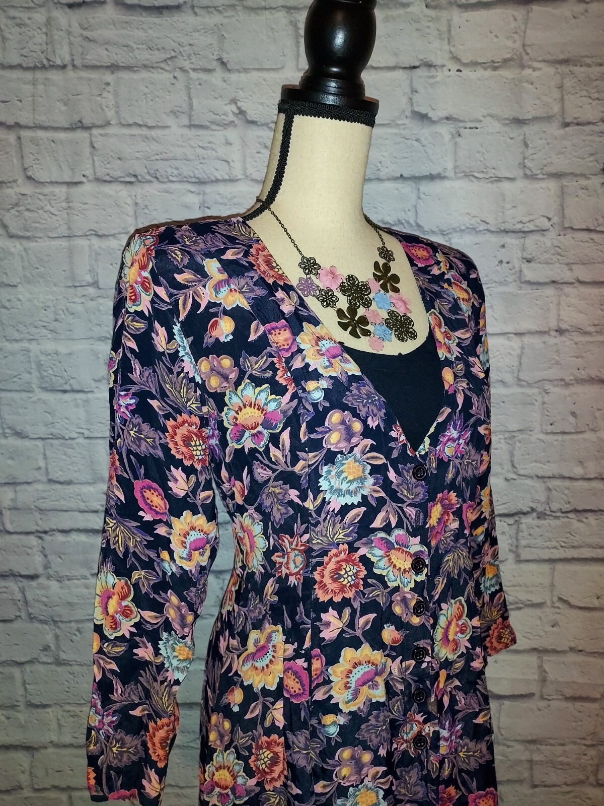 Vintage Starina Rayon Multi Floral Corset Back Lined Boho Midi Dress Size Small