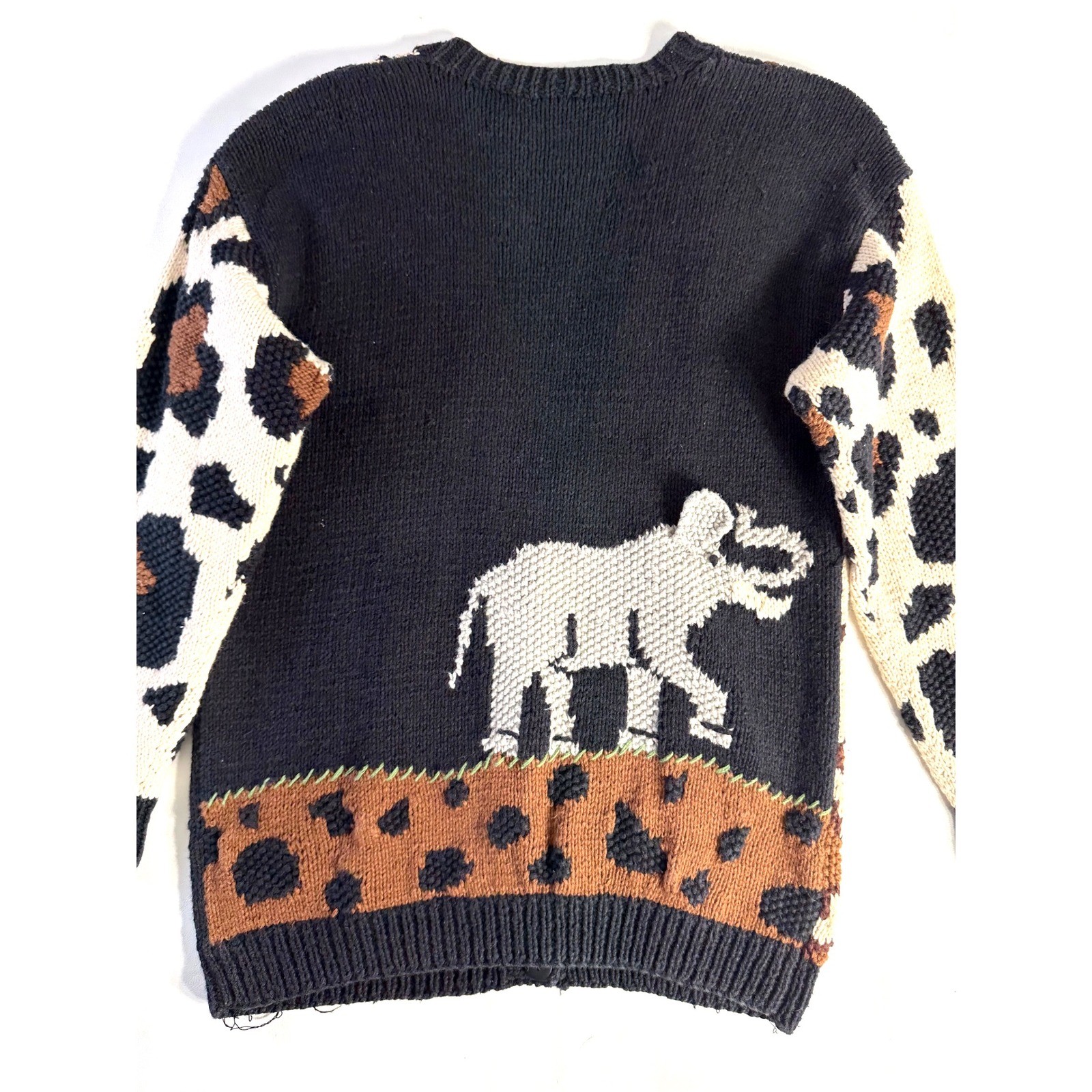BellePointe Vintage Safari Animal Intarsia Chunky Knit Cardigan Sweater Black S