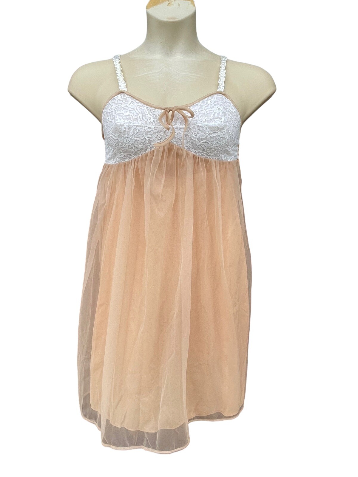 Vtg 60s Nylon Chiffon Nightie Night Gown S White Lace Short Babydoll Nude Beige