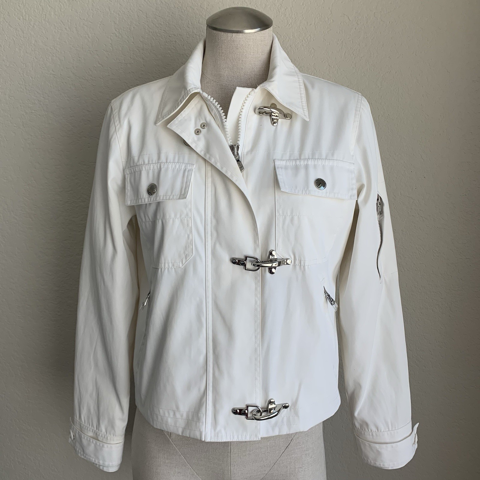 VTG Lauren Ralph Lauren Fireman Jacket M White Nylon Insulated Lobster Clasp Y2K