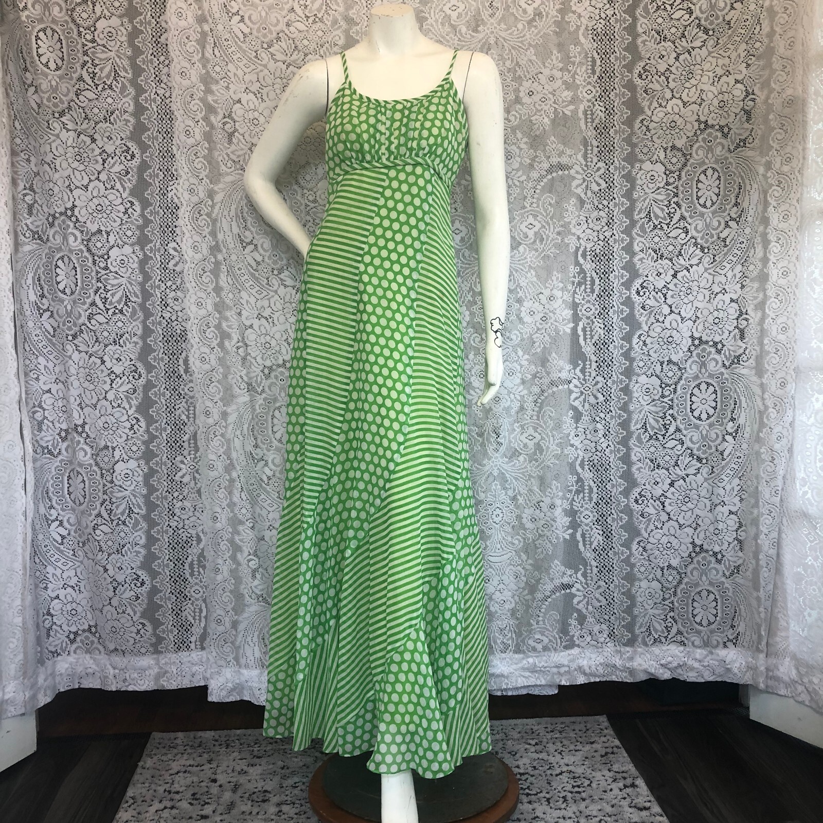 70’s Vintage Green White Polka Dot Striped Maxi Dress Medium Large Sexy Gorgeous