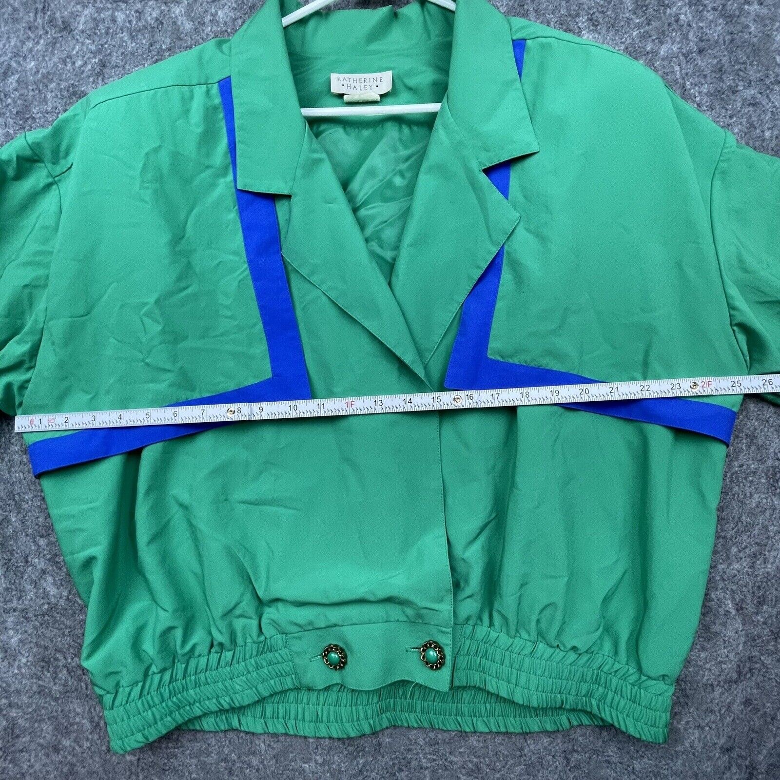 Vintage Katherine Haley Blouse Womens 13/14 Green Blue Jacket Retro Banded Waist