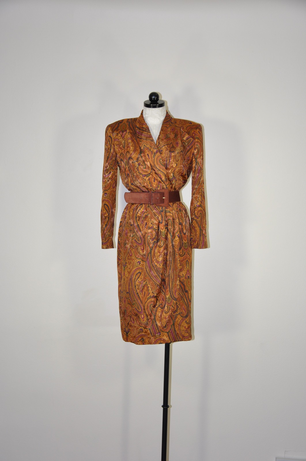 80s Vintage Spice Brown Silky Charmeuse Paisley Strong Shoulder Dress Women S M