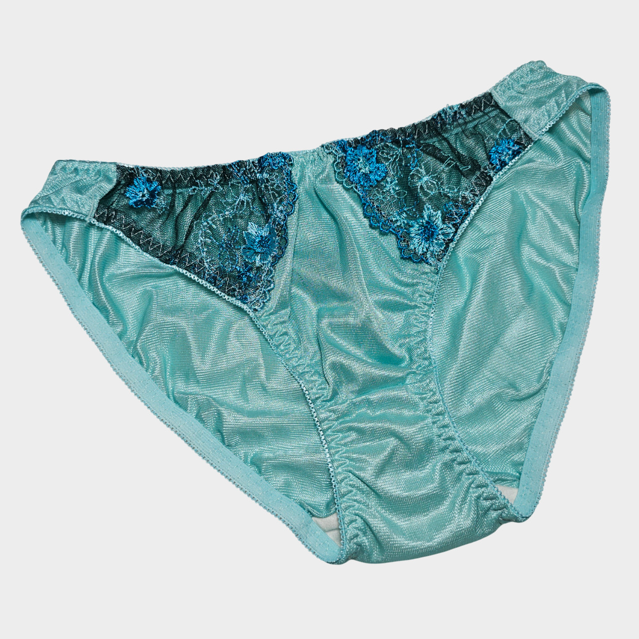 Vintage Silky Nylon Panty Sissy Green Floral Lace Sheer Brief Size 6 Hip 35-39″