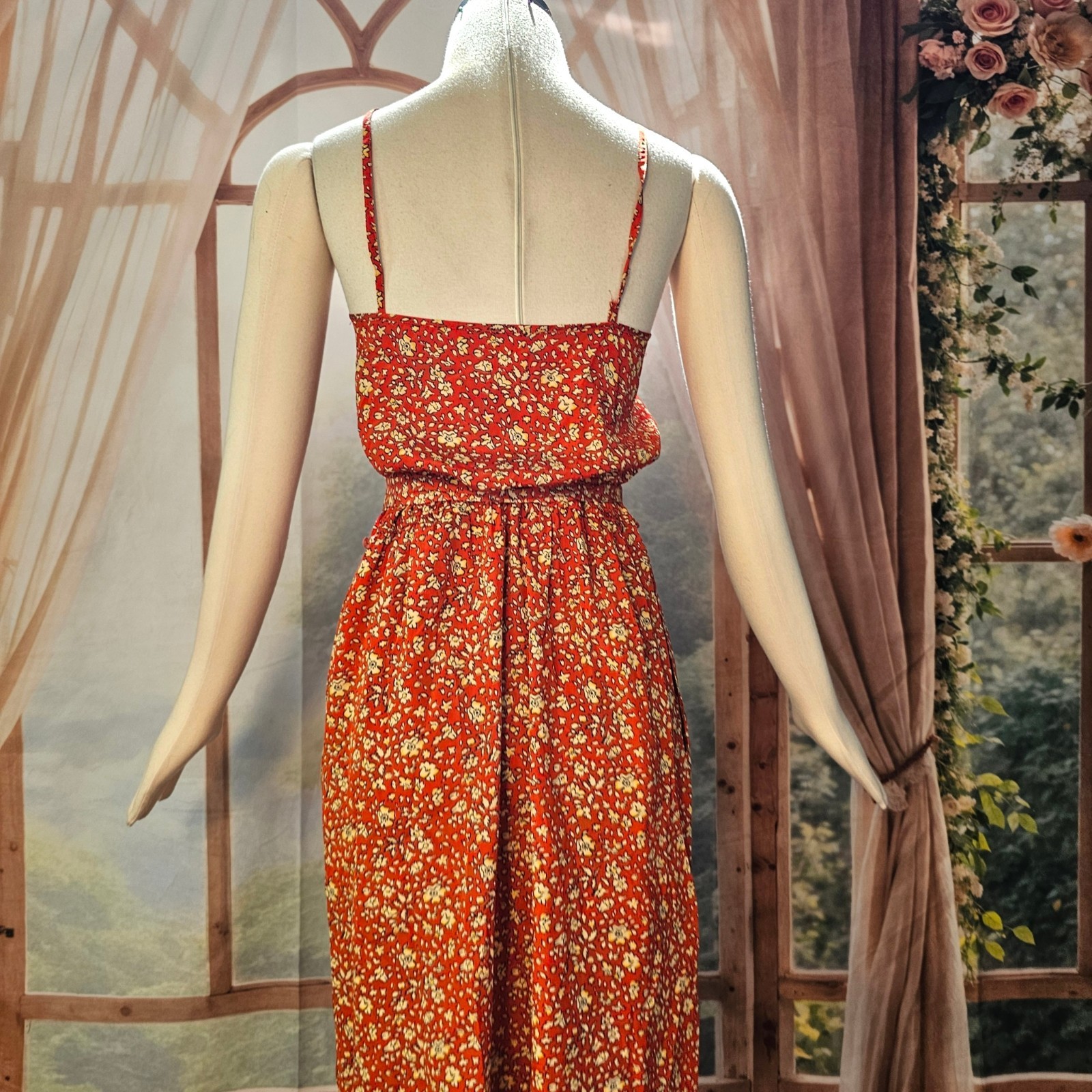 Vintage 1970s Dress Sundress Spaghetti Straps Tie Belt Red Cream Floral Boho