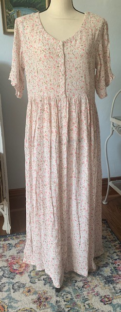 Vintage Midi Maxi Dress Pink ROSE Floral Rayon Cottagecore Pastel 90s Y2K Large