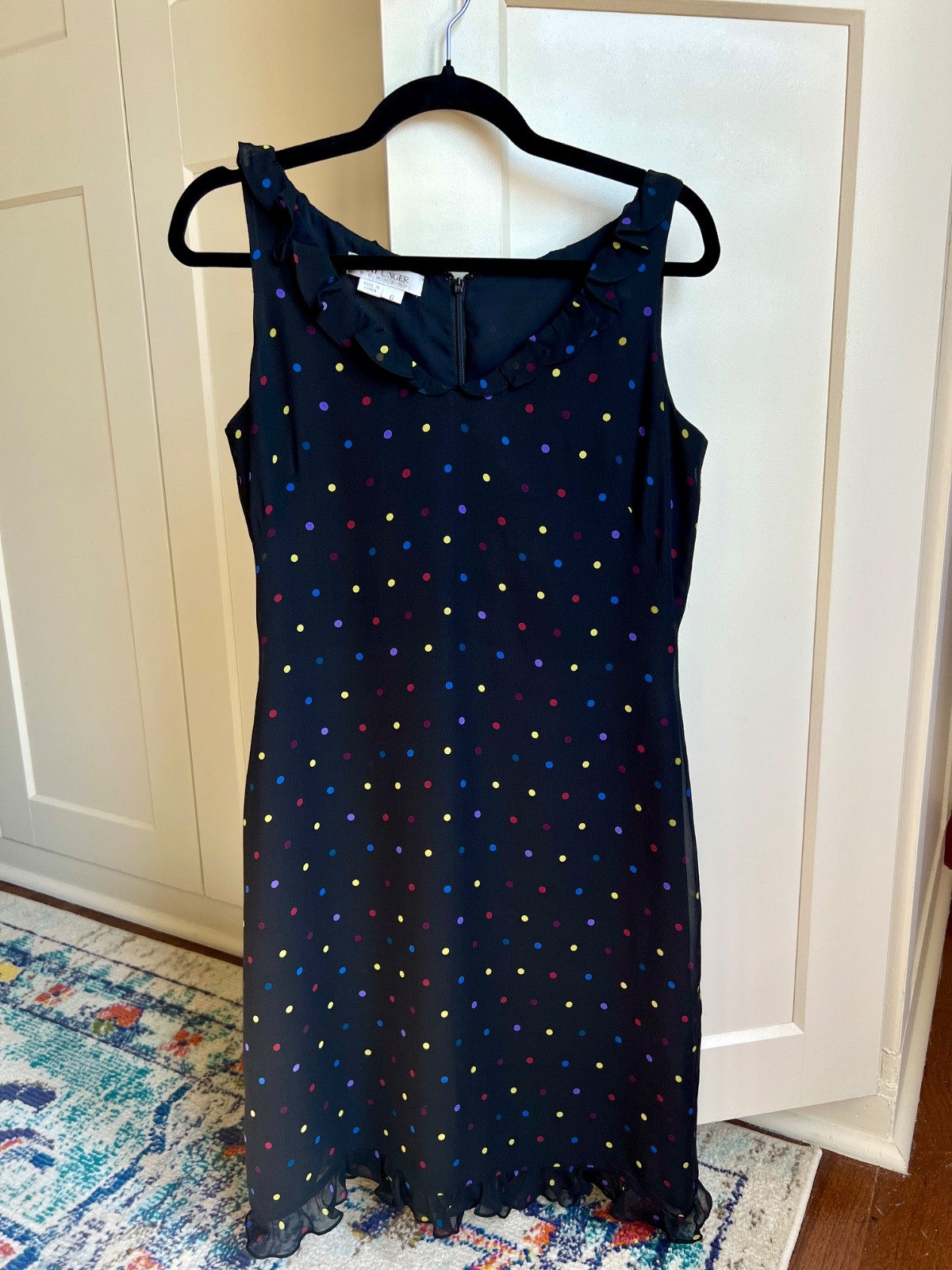 Kay Unger Vintage 100% Silk Black Sleeveless Dress Rainbow Polka Dots Ruffle 6