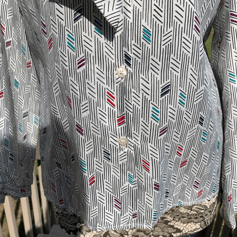 Vintage 1970s Cape Cod Match Mates Size 16 Blouse Black & White Design (C87)
