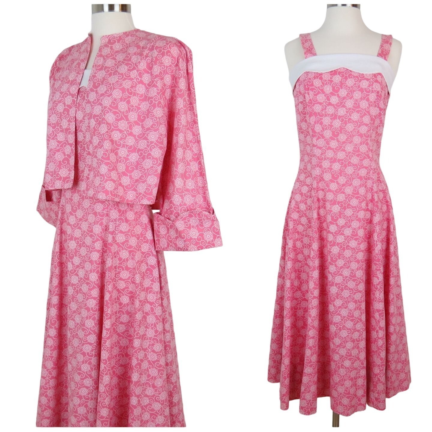 VINTAGE 40s 50s Sundress & Jacket Women’s Pink White Dress Overblouse Set