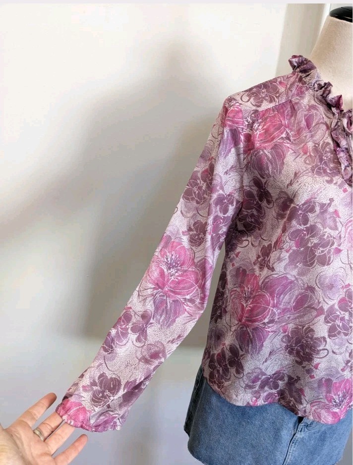 Vintage 70s D Allaird’s Blouse Womens Large Pink Floral Ruffle Neck Tie Top
