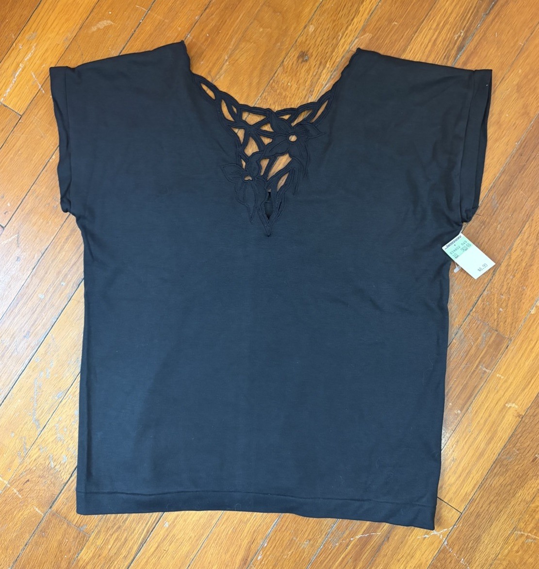 VTG NWT 80s 90s Black Cutout Floral Neckline Top Shirt soft goth dark romance M