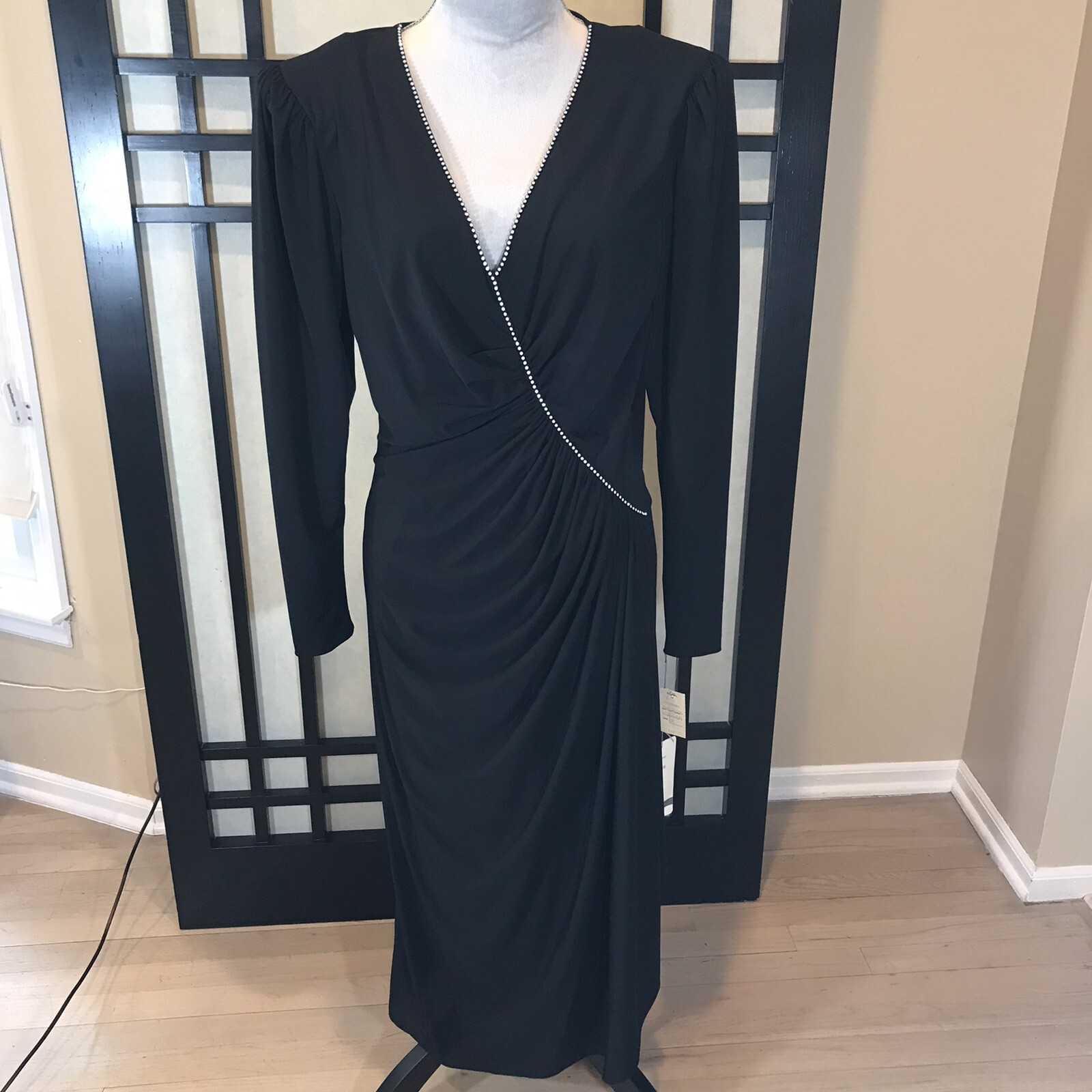 Vtg Rimini Black Ruched Dress Rhinestone Neckline LS Richard Warren Size 14 NWT