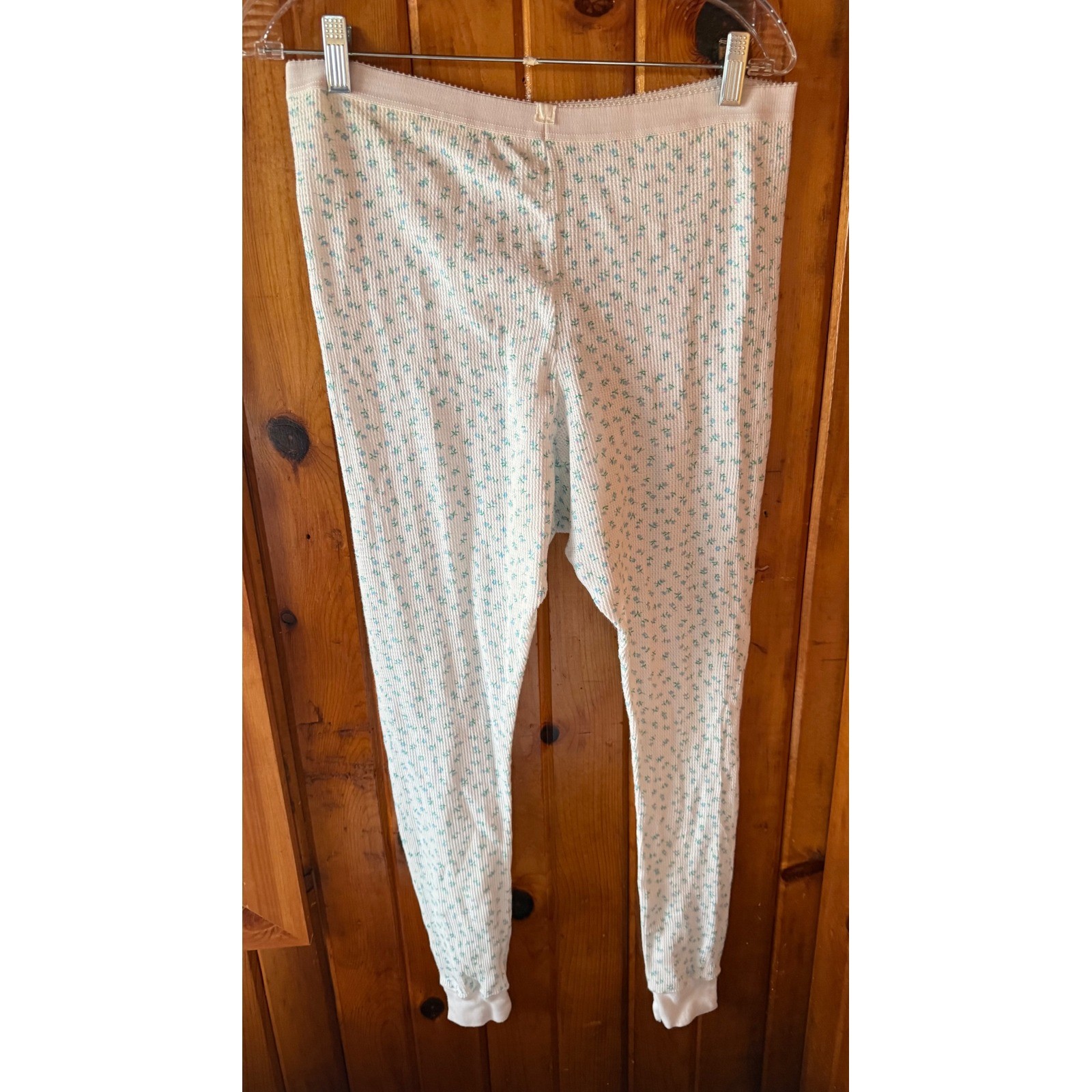 Vintage Pleasure Knit Floral Waffle Thermal long underwear White Blue size XL