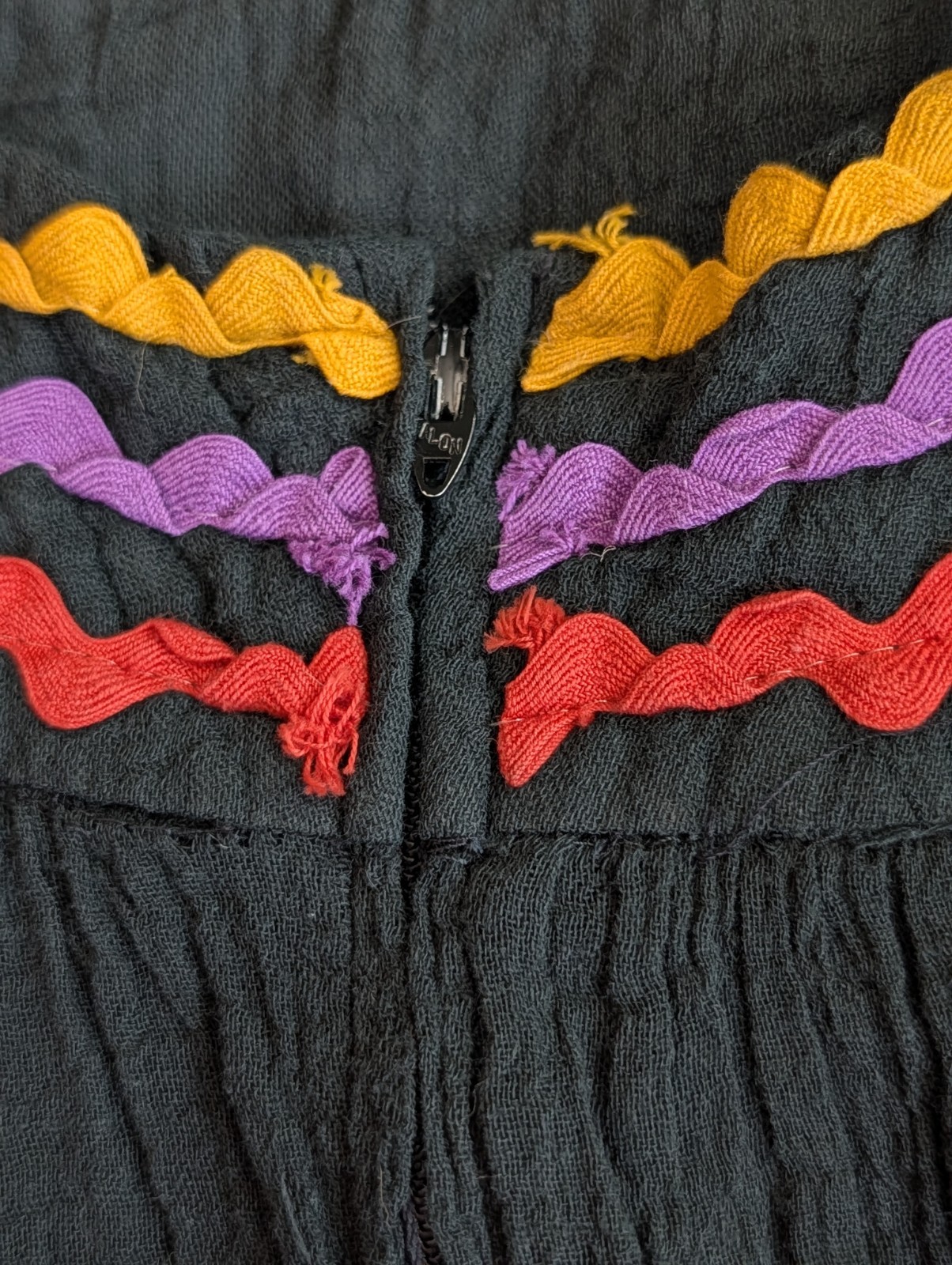 Vintage 1970s Act I New York Black Gauzy Maxi Sundress Tiered Rick-Rack Sz XXS