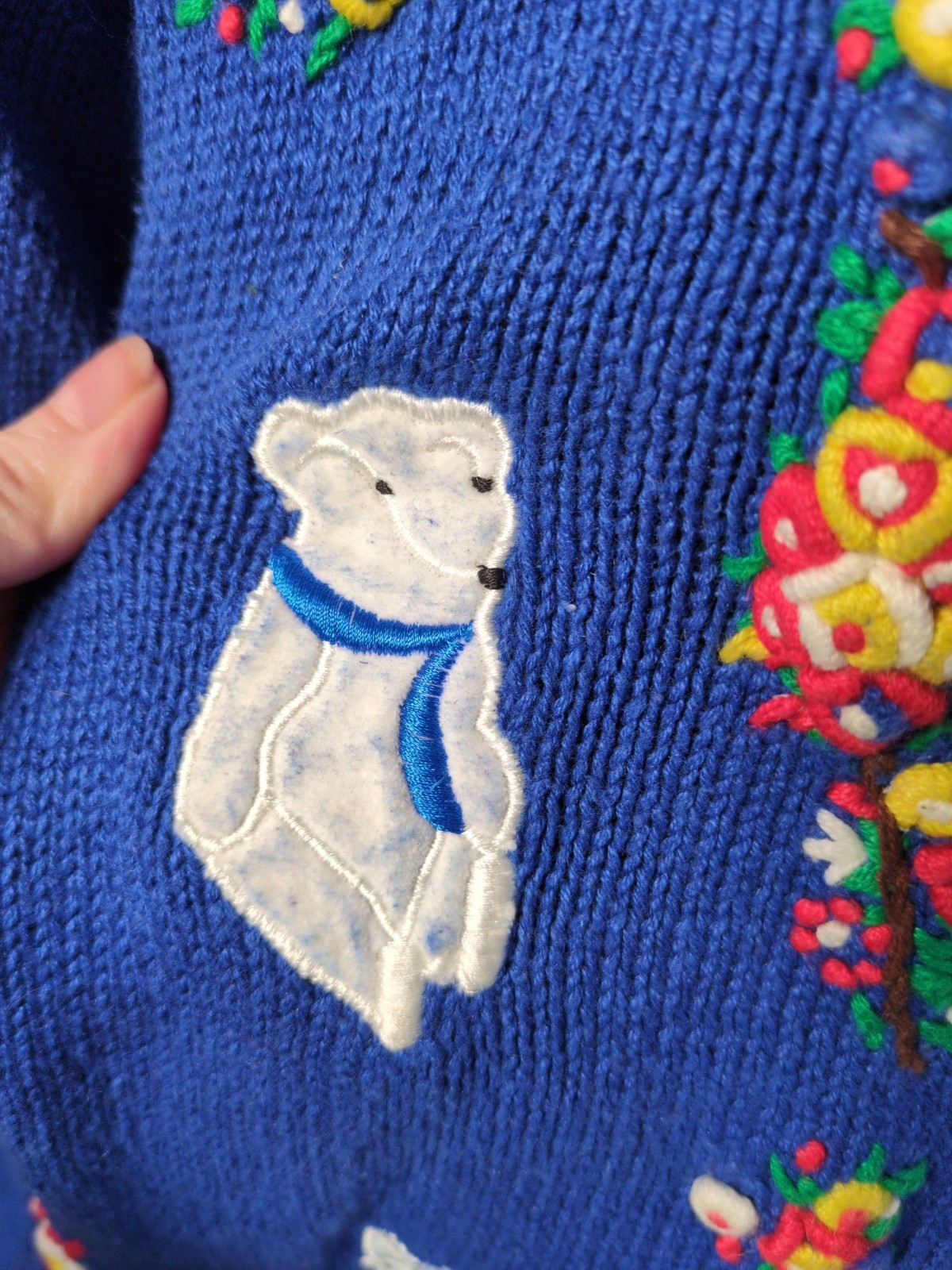 Vintage Margules Knit Cardigan Blue With Floral Embroidery, White Bears Women M