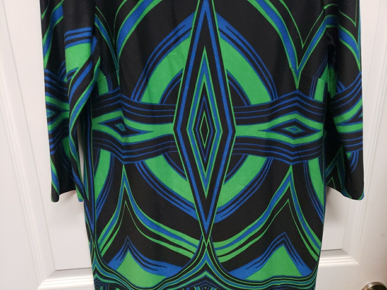 Vintage 90’s Dress Size 12 J. Taylor Green Blue Geometric 3/4 Sleeve Zipper Back