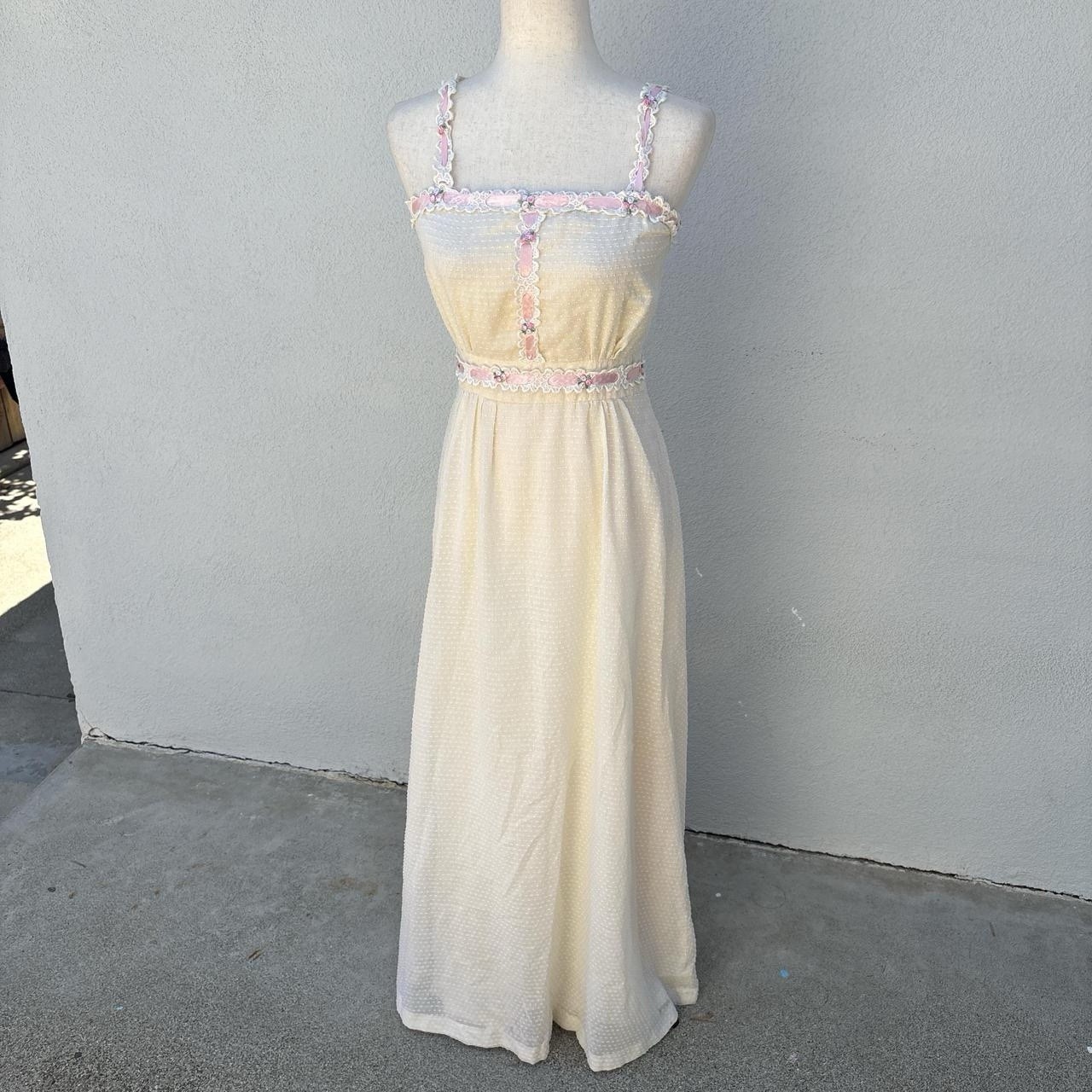 Vintage Handmade Dotted Swiss Dress With Embroidered Pink Rose Lace Trim