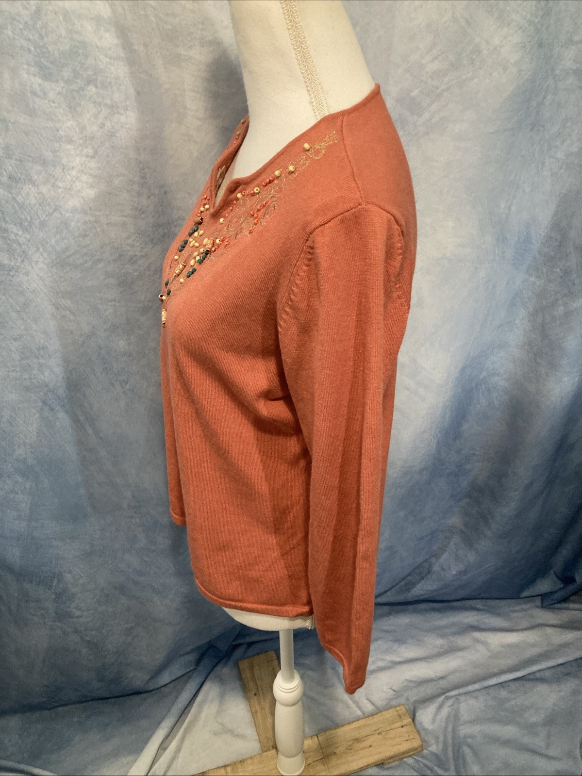 Vintage 90s Carducci Beaded Bib Sweater Top Size L Rust Orange Boho Grandmacore