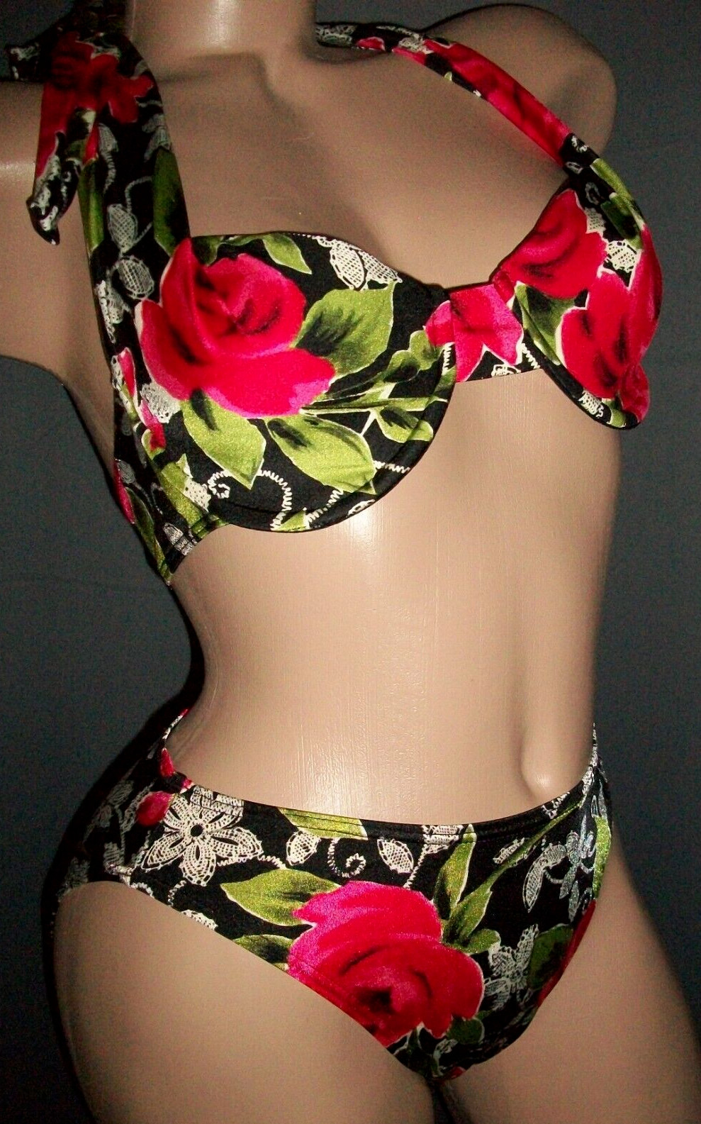 Vtg Newport News Black Rose Nylon Halter Bra Bikini 10