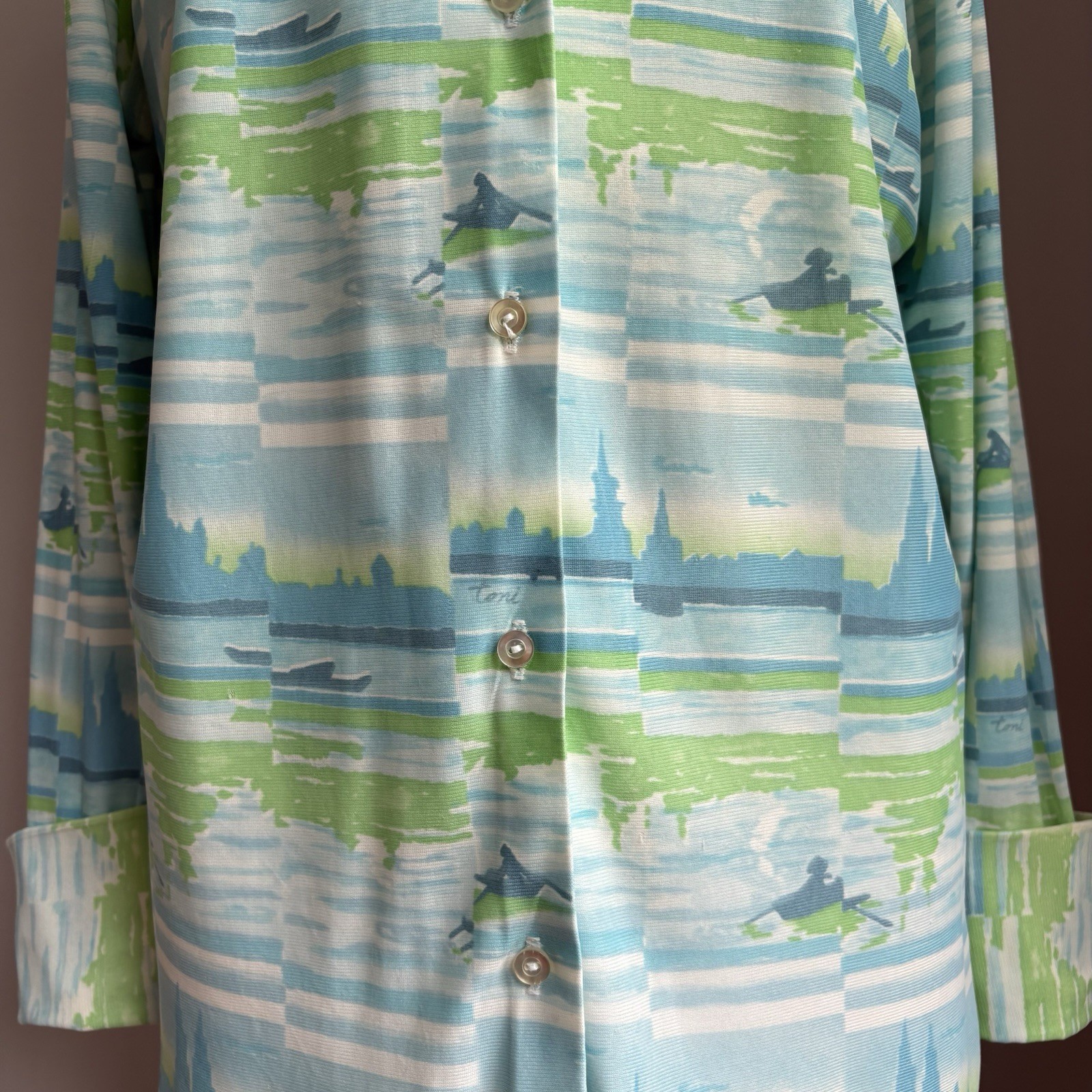 Vintage 1970’s Toni Row Boat Cityscape Print Dagger Collar Button Down Shirt L