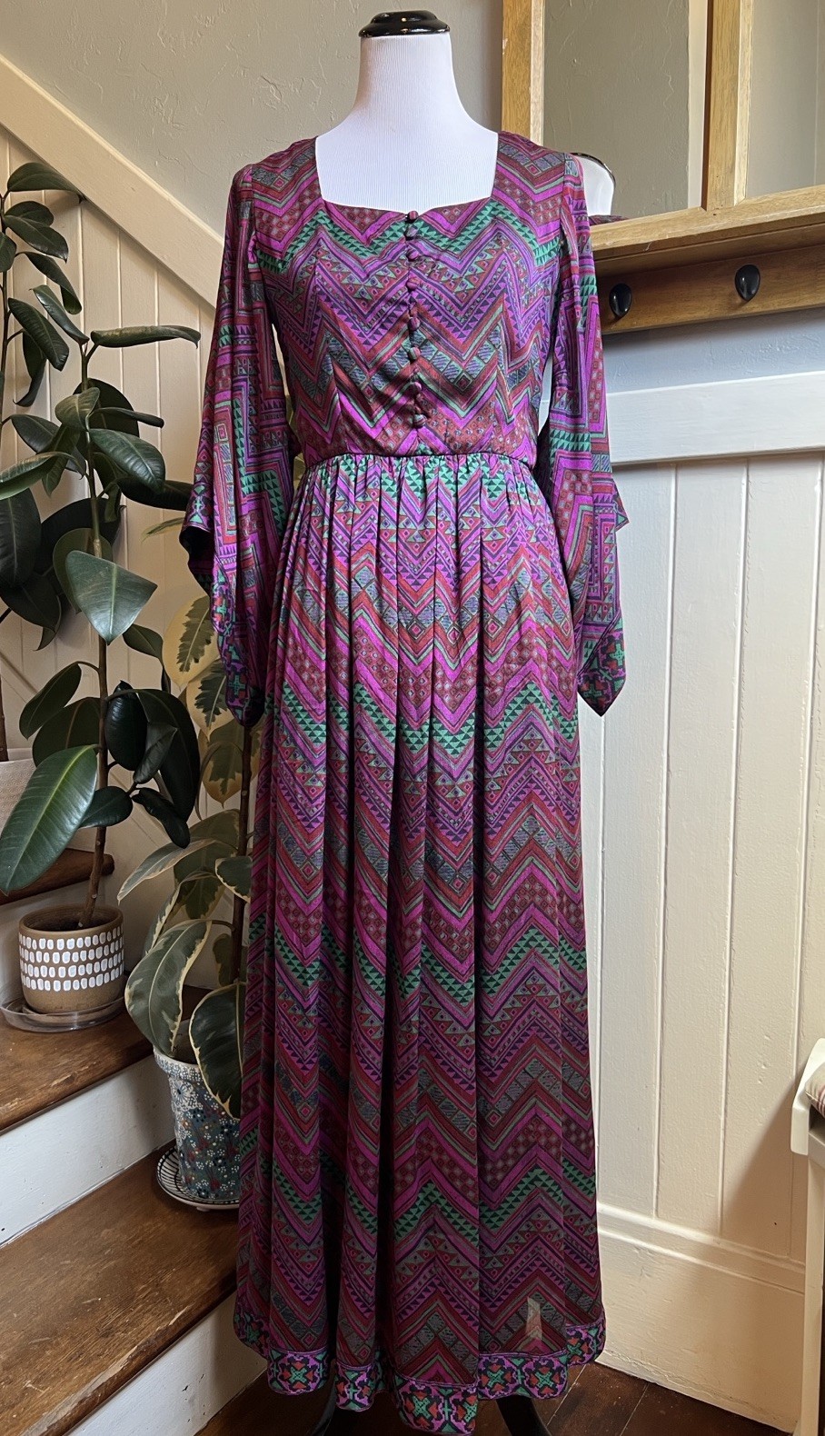 Vintage 1970s Treacy Lowe London Silk Maxi Dress Geometric Print Gumps UK 8 US4