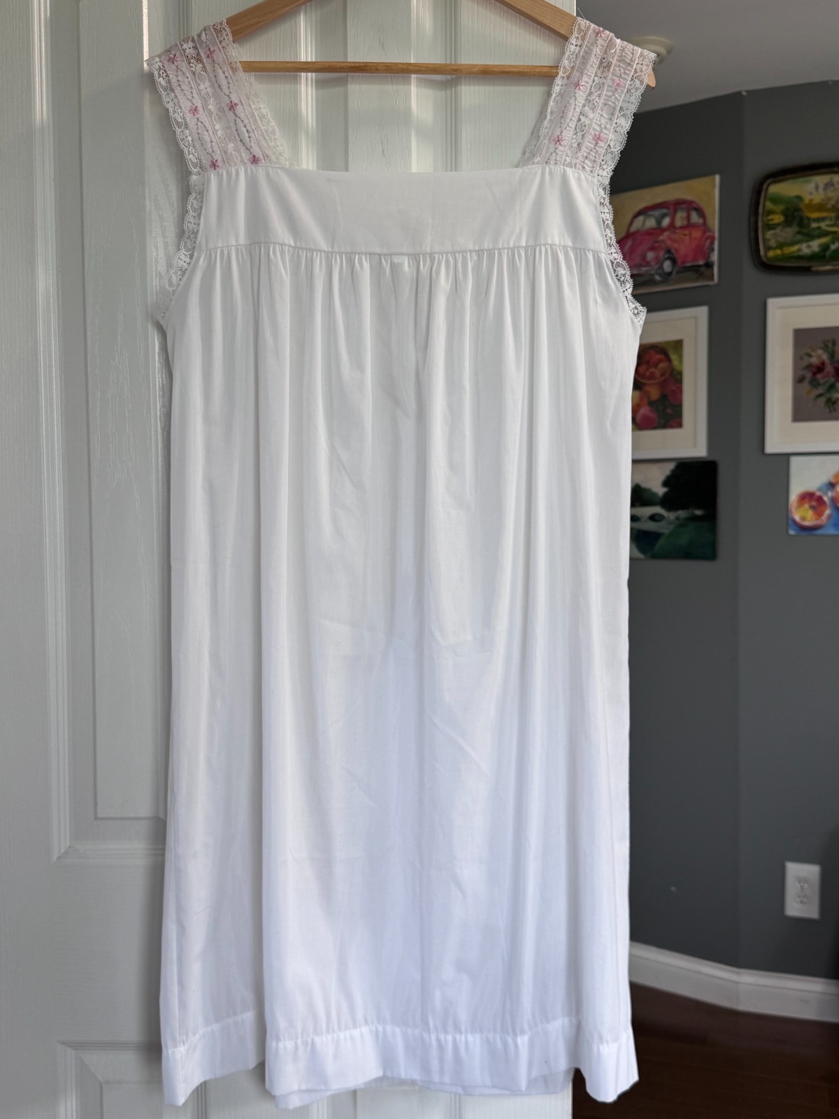 Vintage Komar Nightgown Large Average White Pink Embroidery Lace Cottagecore