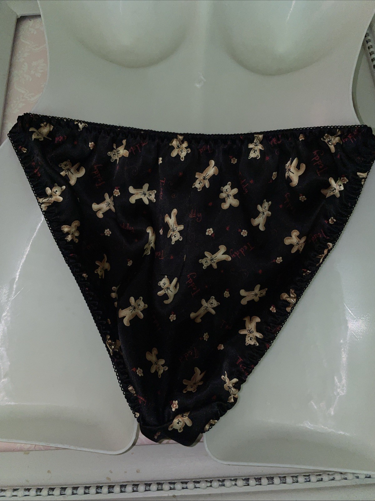 NWOT 90’s VTG Teddy Bear Satin String Bikini Panties W/Bows Unique Sissy Sz XL