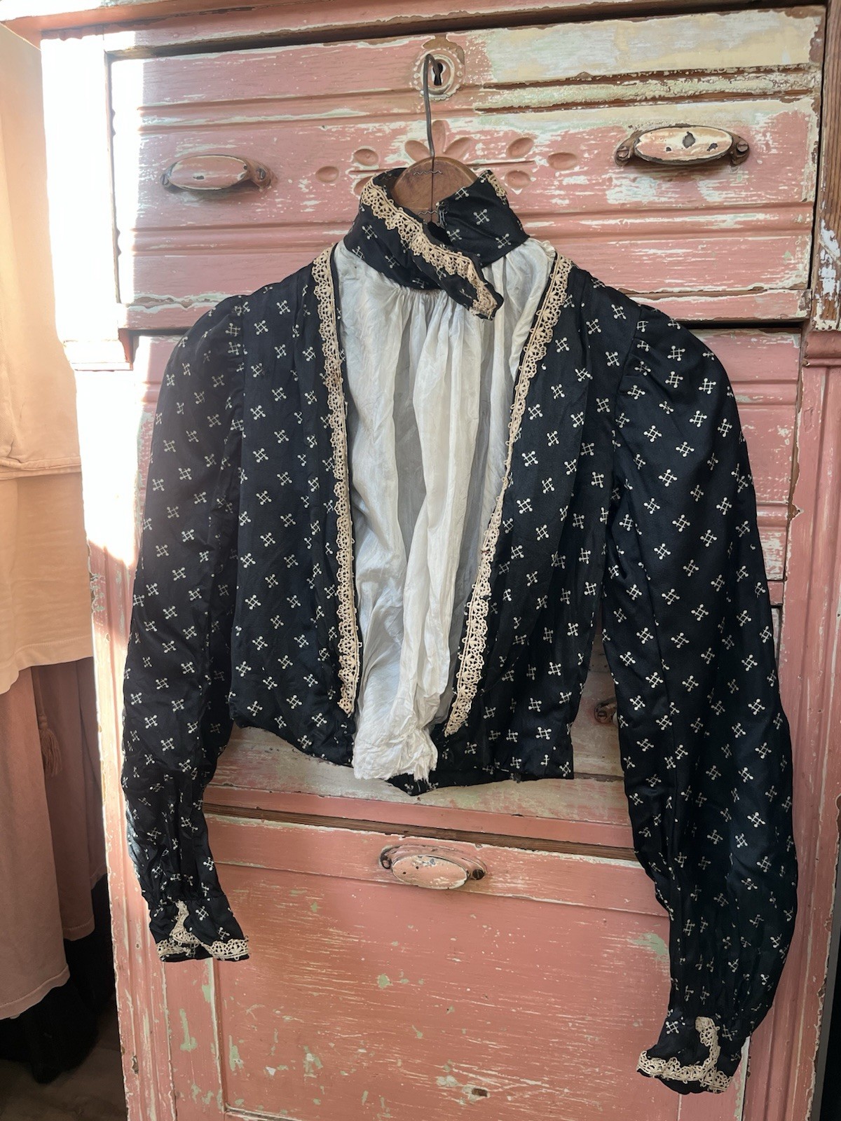 1800s Antique Victorian Edwardian Black Silk Bodice Corset Blouse Top XXS