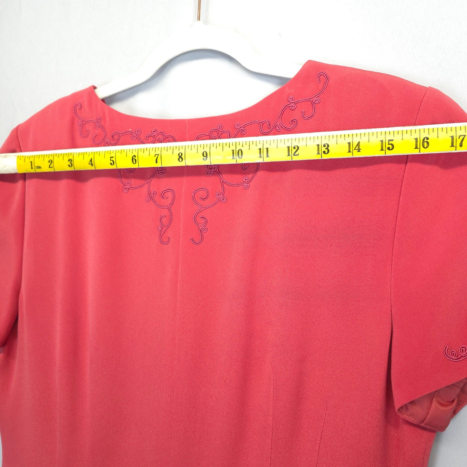 Maggy London Silk Dress Women 12 Coral Pink Embroidered Button Front Midi Church