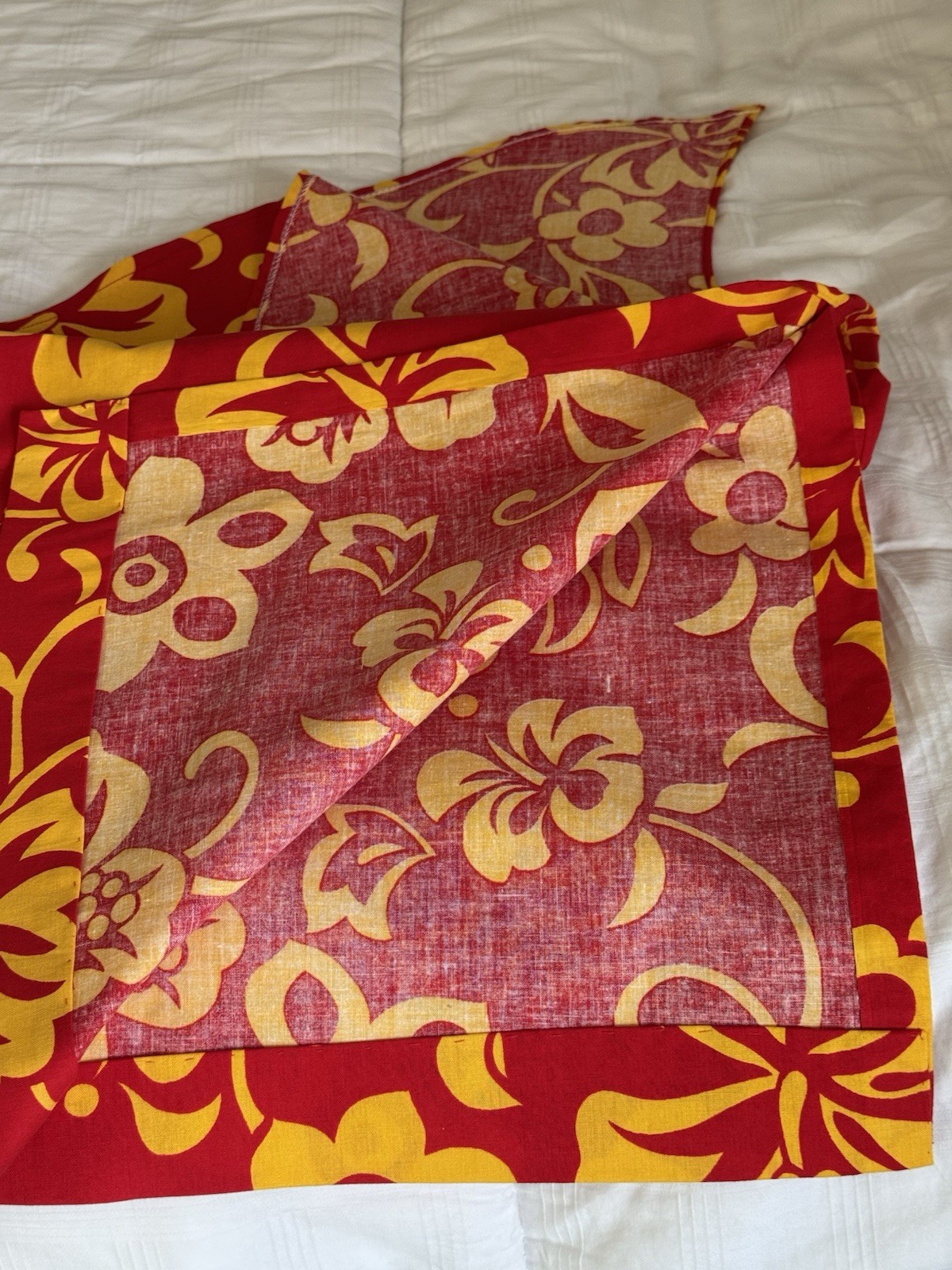 One Shoulder Hibiscus Dress Brilliant Red & Yellow Hand Dyed Hawaiian L 1965