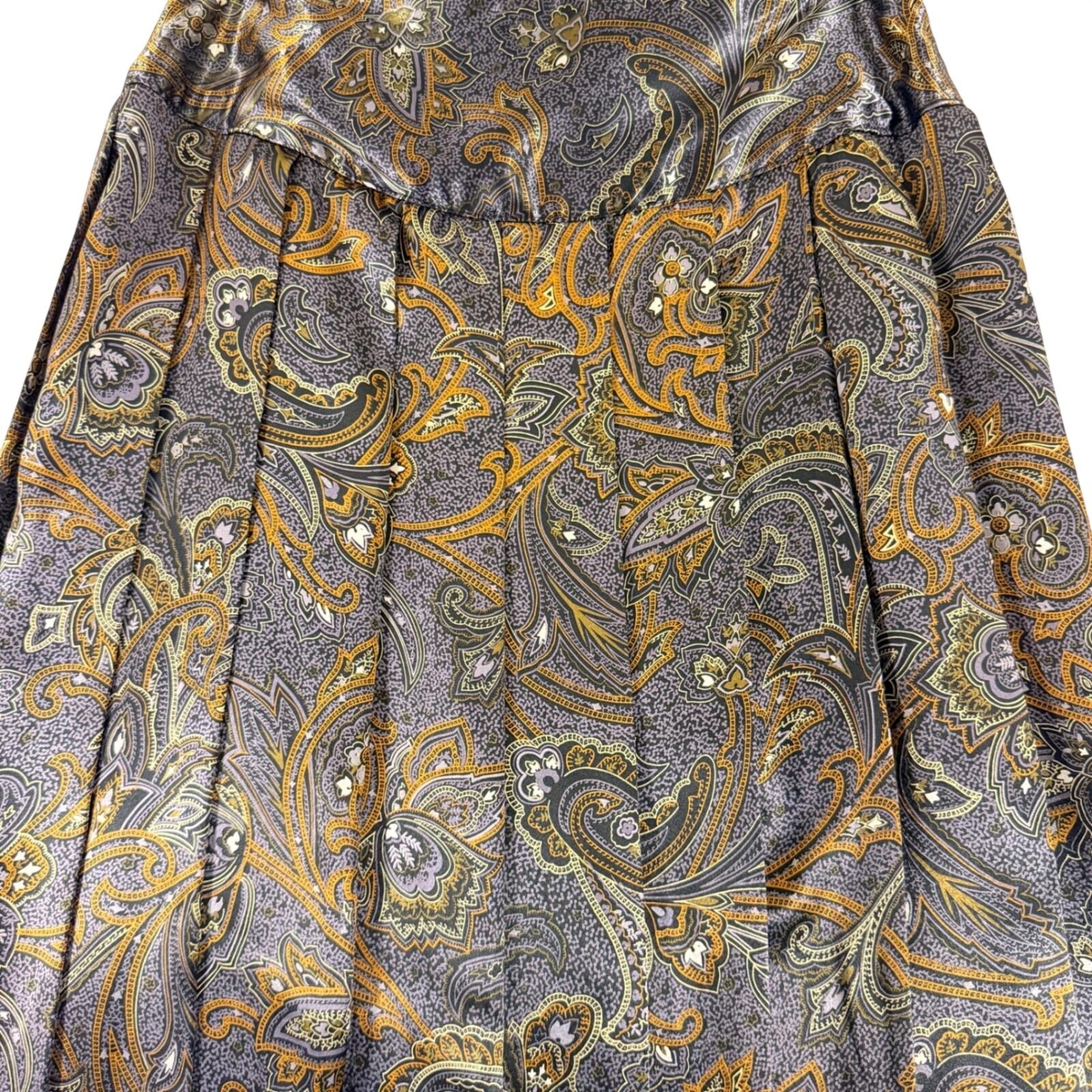Notations Vintage Paisley Satin Pleated Midi Skirt Size S Made in USA Boho