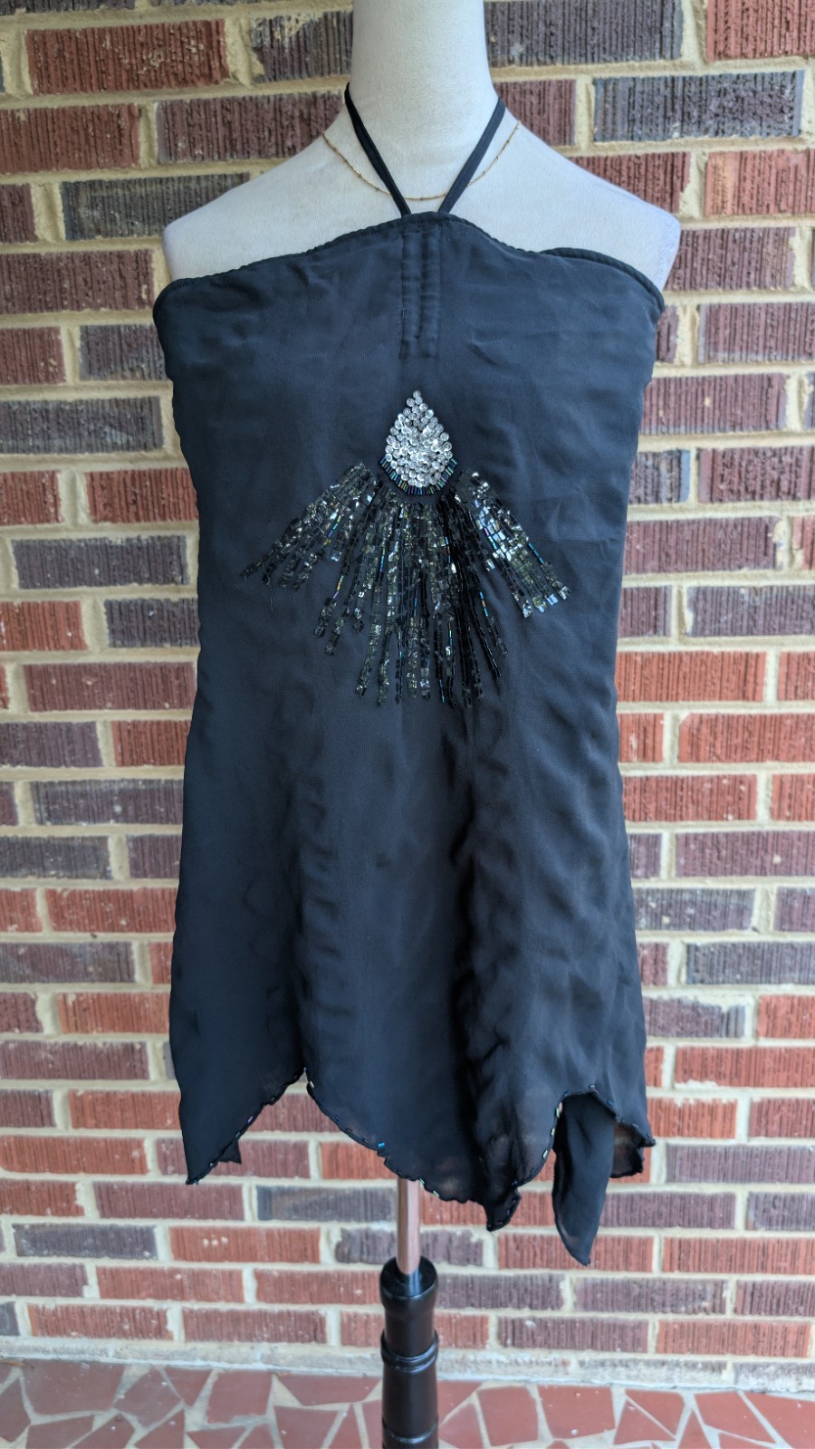 Y2K Black Strapless Halter Sequins & Beaded Handkerchief Top by MPH Collection S
