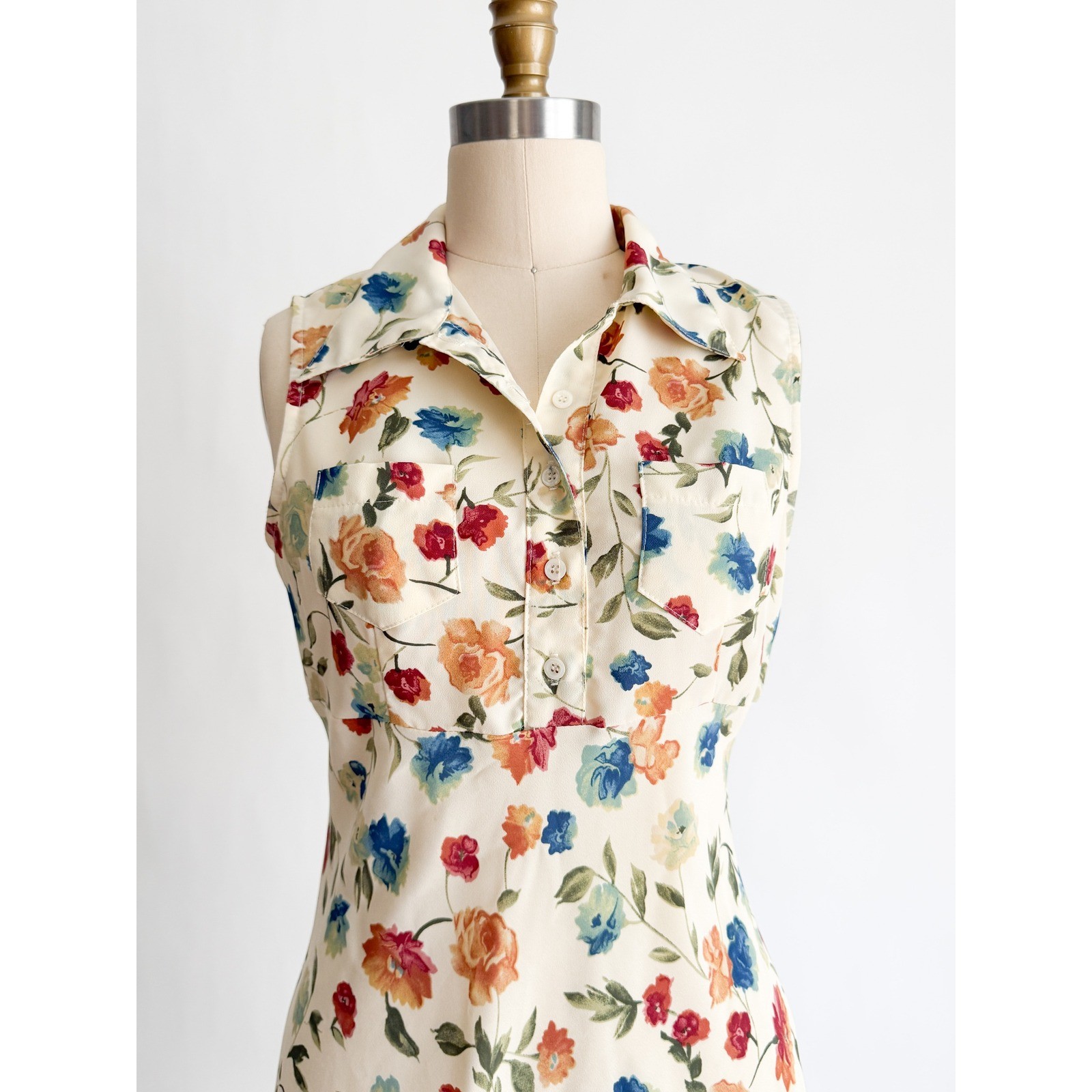 Contempo Casuals Mini Dress Vintage 90s Floral Sleeveless Collared Small Cream