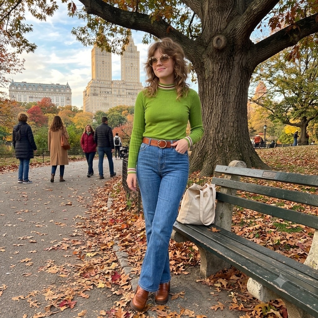 Vintage 70s Andrew Fifth Ave Avocado Green Turtleneck Shirt Rainbow Trim Size 14