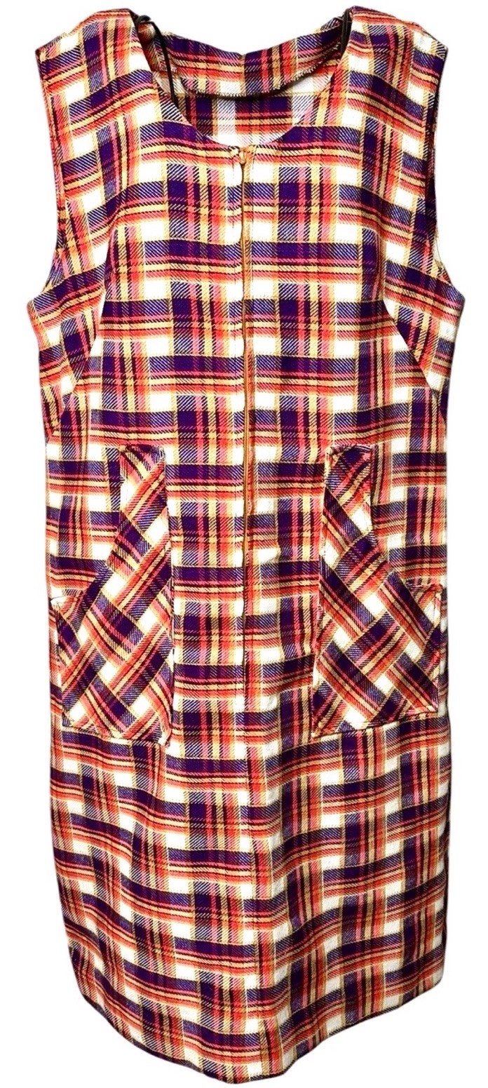 Plaid Jumper Dress Dutchmaid 70s Zip Front Pockets Size 38 Vintage
