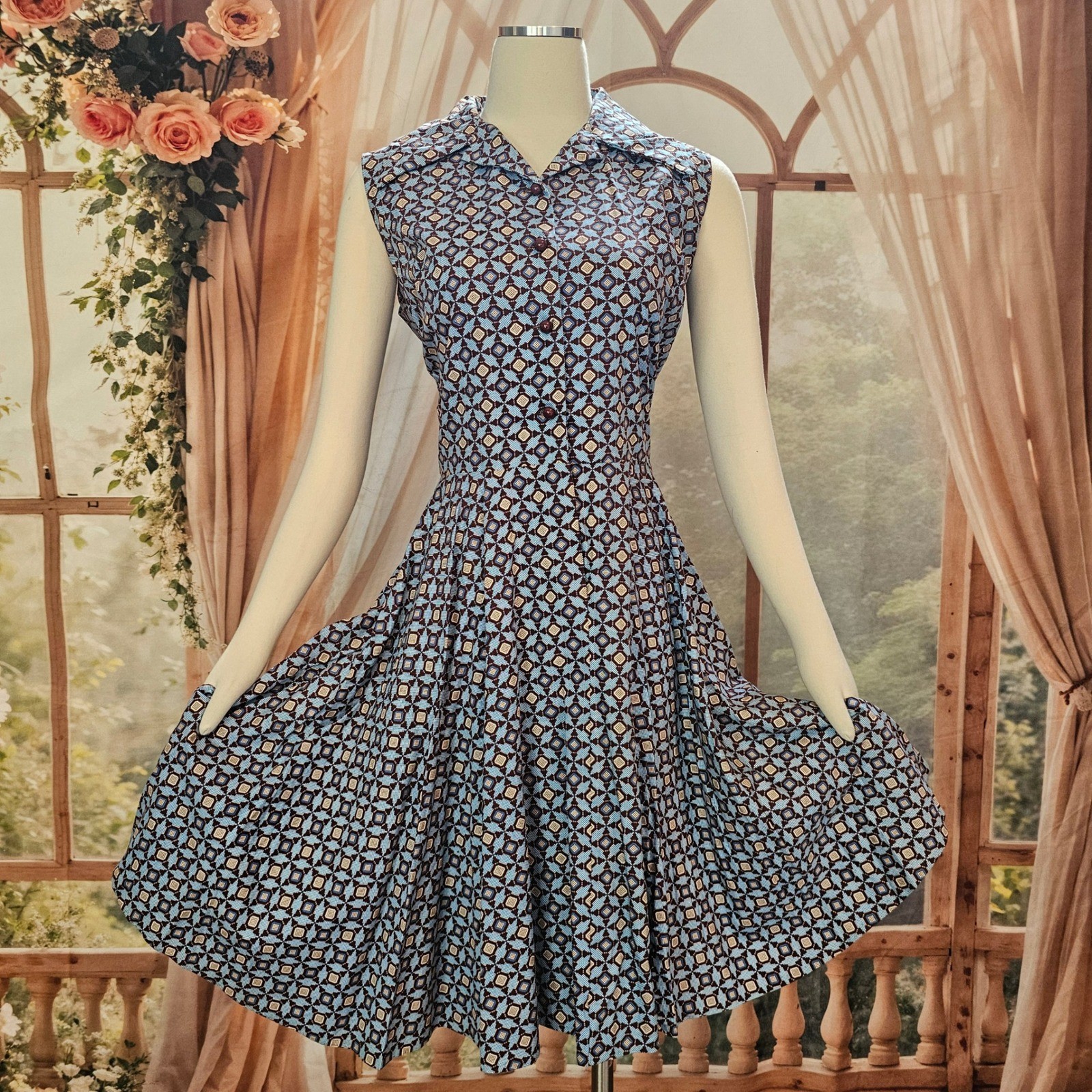 Vintage 1970s Dress Fit and Flare Sandy Lane Blue Brown Geometric Print Buttons