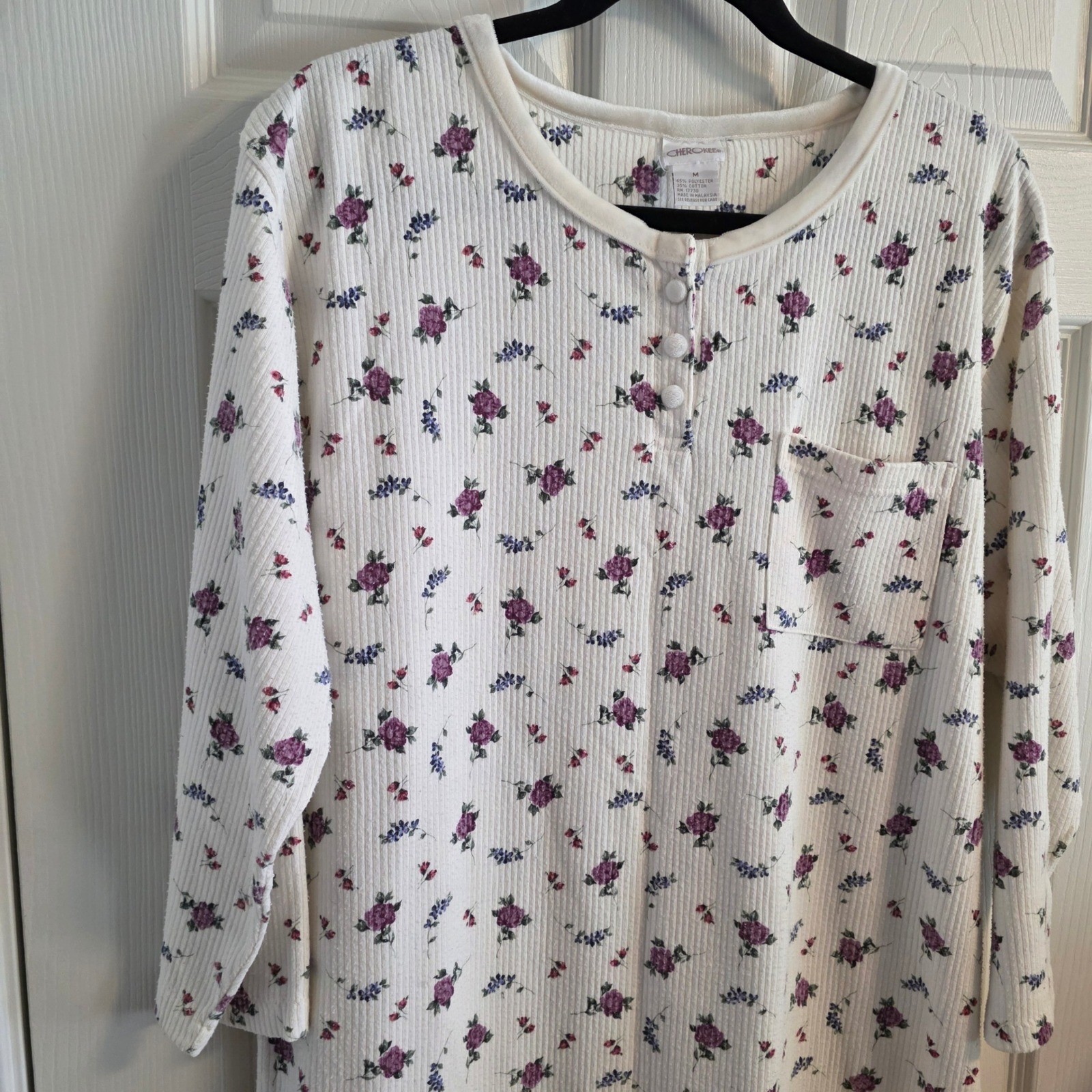 Cherokee Vintage Floral Nightgown Womens Medium White Waffle Knit Henley Long