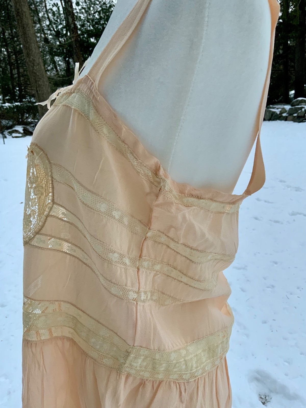 Circa 1912–1918 Blush Pink Silk Chiffon Teddy with Antique Lace – Edwardian Silk
