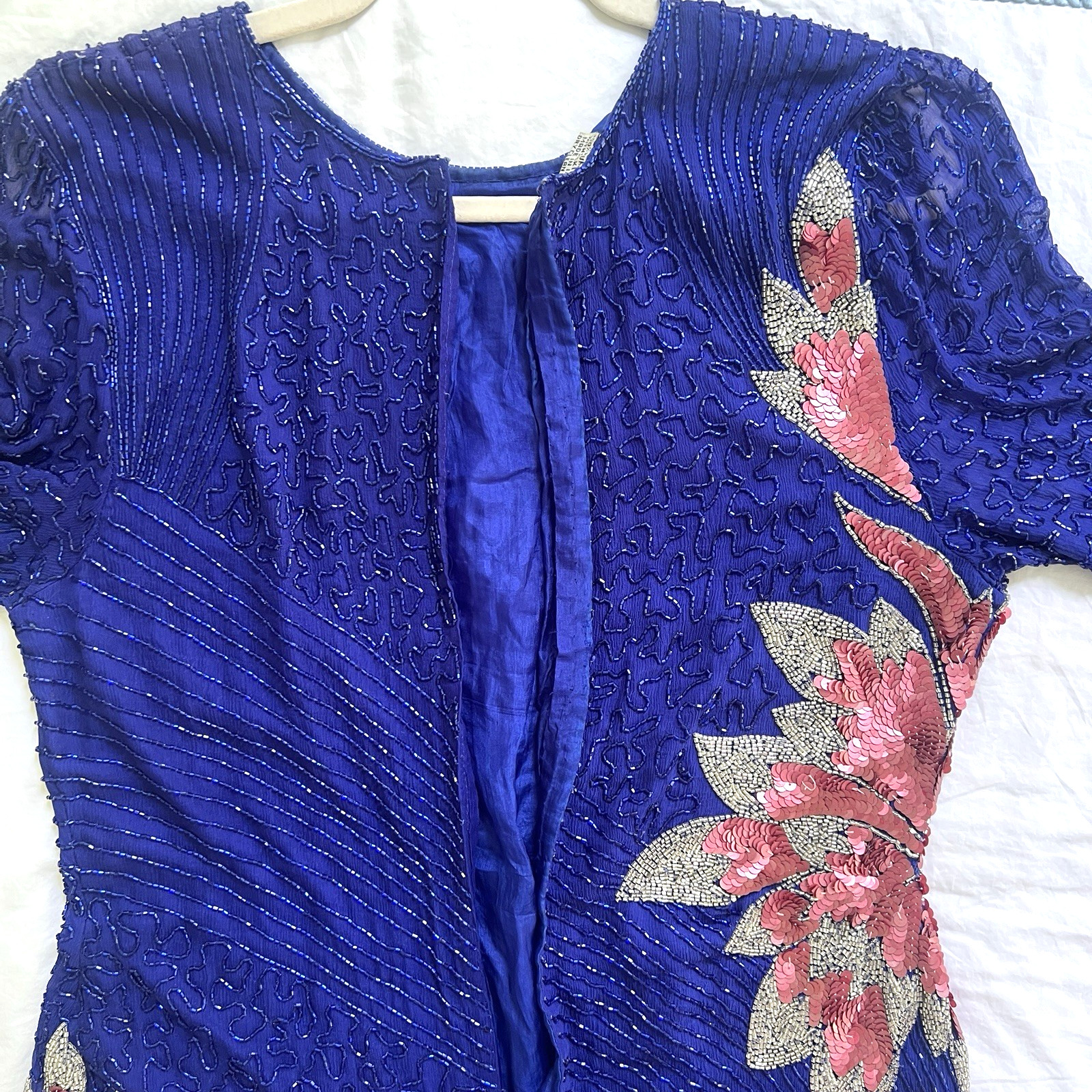 Vintage 80s Cobalt Blue Pink Silk Beaded Floral Maxi Duster Jacket Sequin