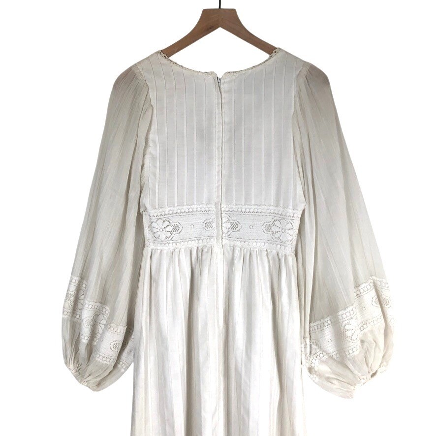 VTG MISS K Alfred Shaheen Lace Maxi Dress Bishop Sleeve Sz 9/10 White Wedding US