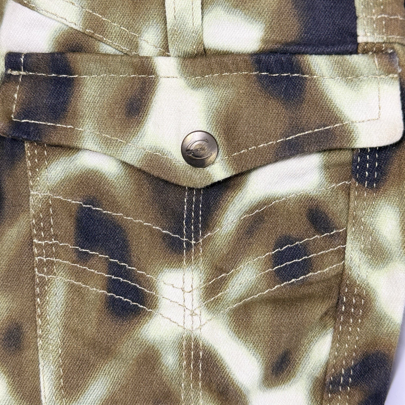 Vtg JUST CAVALLI Denim Camo Signature Pencil Skirt 38 Gold Stitching Zip Italy