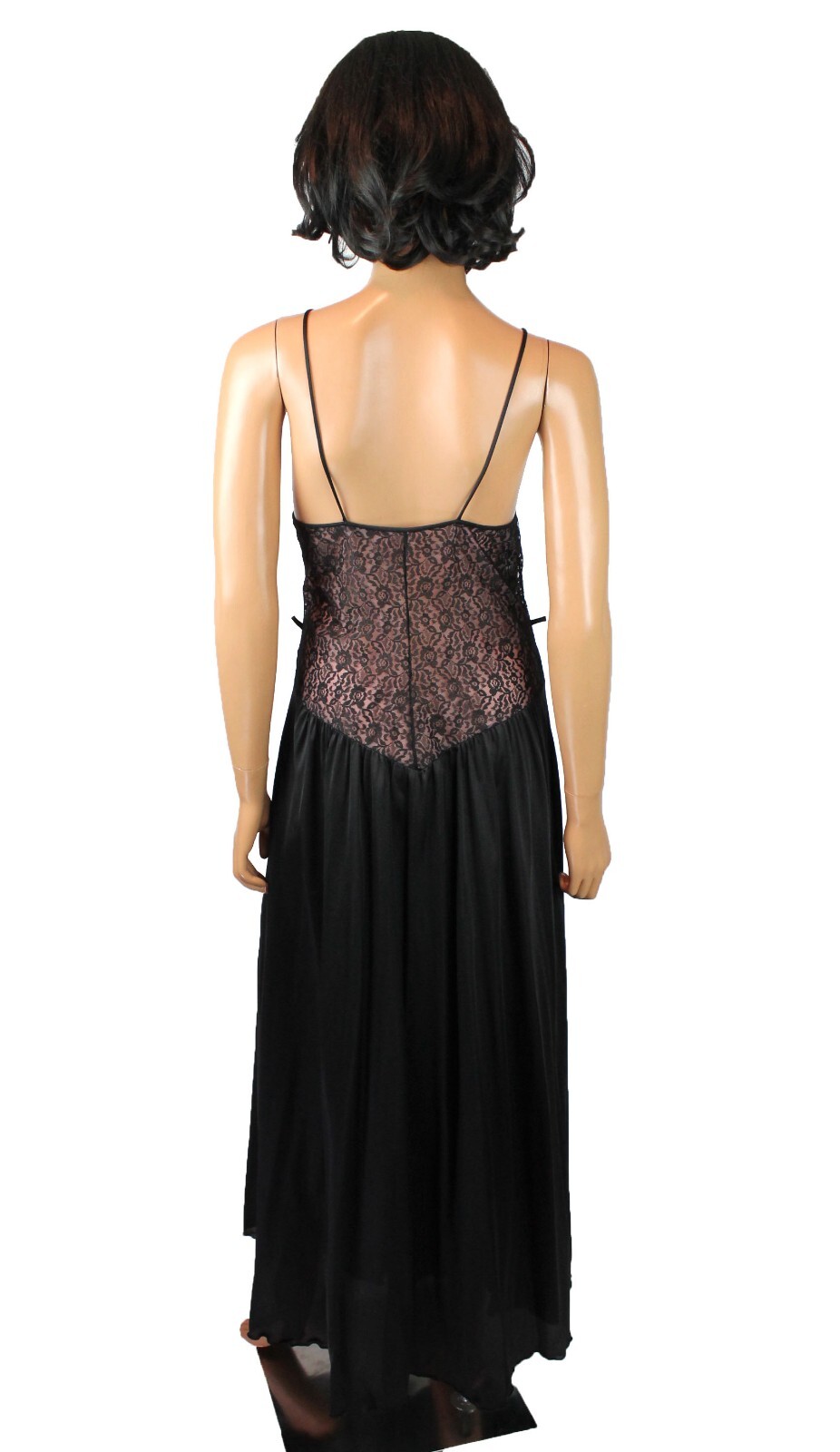Vintage 70s Nightgown Sz M L Black Lace Illusion Pink Chiffon Long Sleeveless