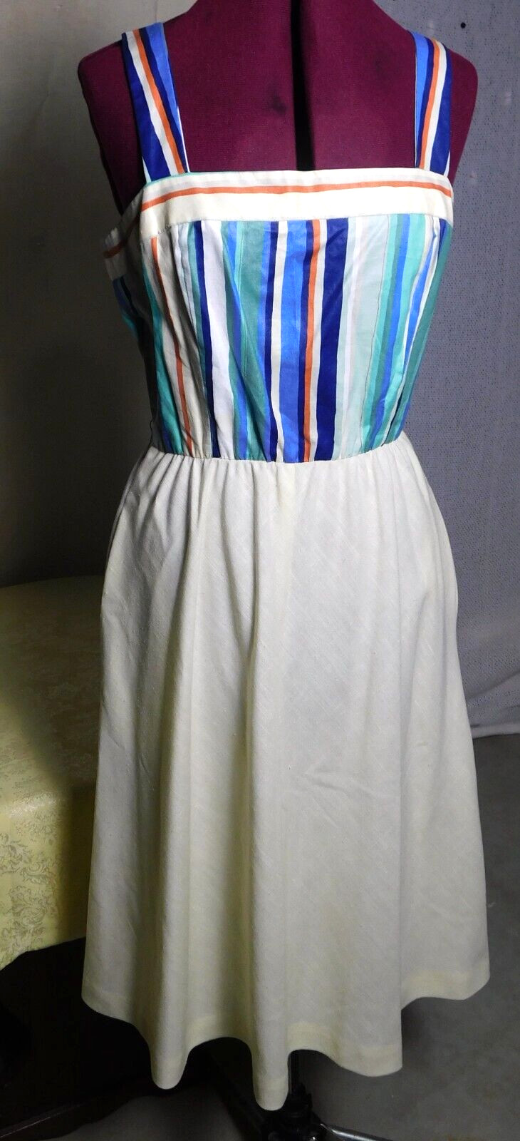 True Retro Vintage Sleeveless Dress Cotton Blend Stripes Pockets Size Med – Lg