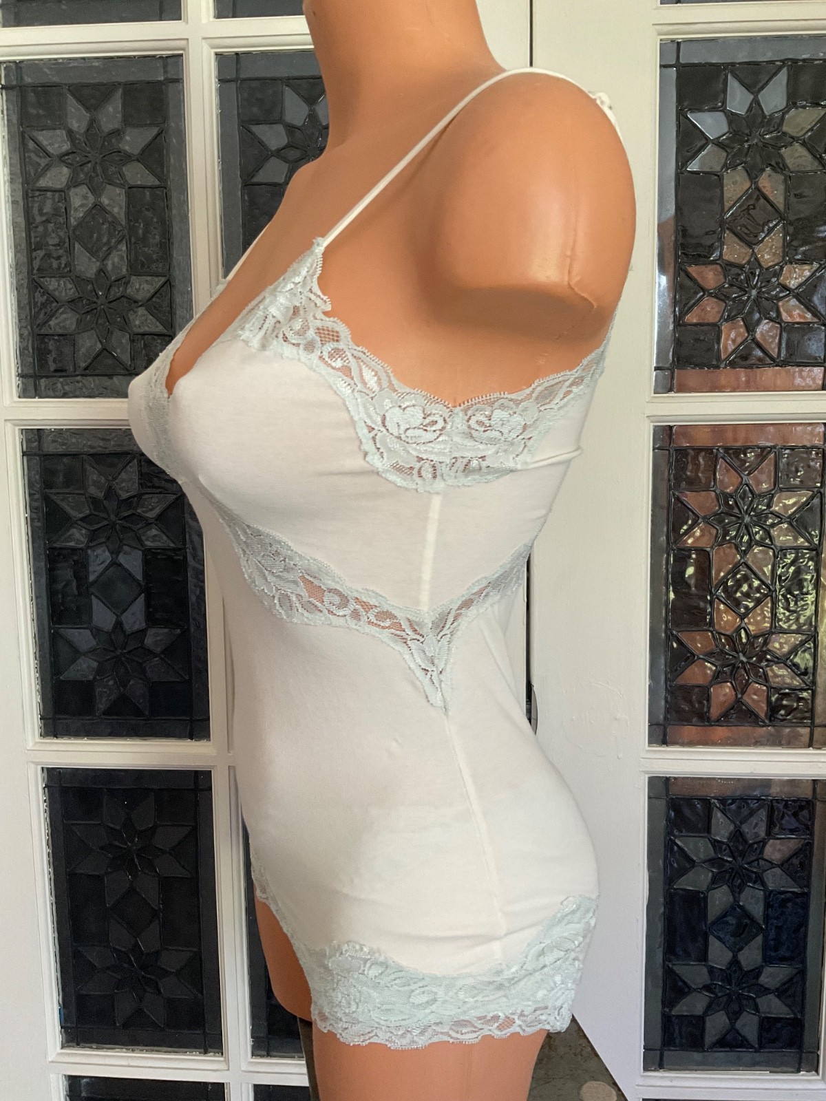 Vintage Pajama Set Cami Top / Boy Shorts Blue Lace Inserts Size Small