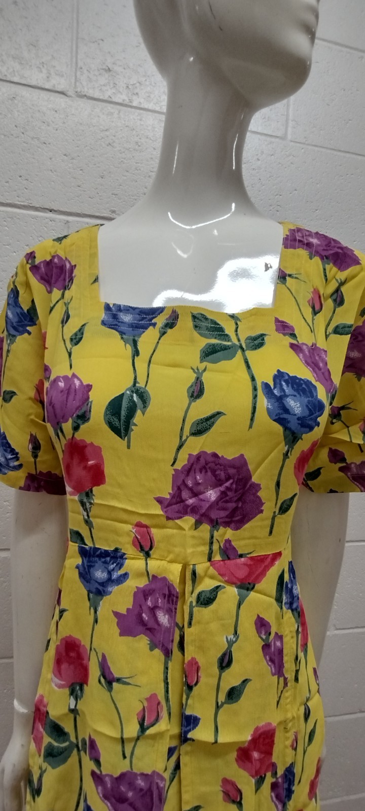 1990s Roses Long Dress Yellow Multicolor Print Purple Rose Country Chic Med New