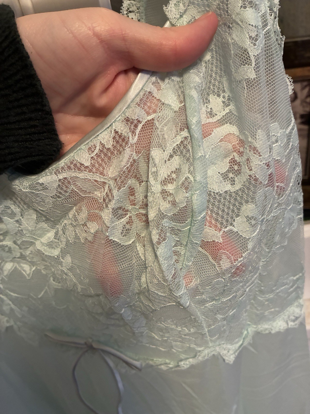 Vintage Vanity Fair Lace Tank Top Long Sheer Nightgown Bra Size 36 Mint Green