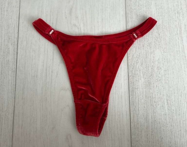 Vintage Velvet Thong Panties Sz XS Red / Side Snap Rhinestone
