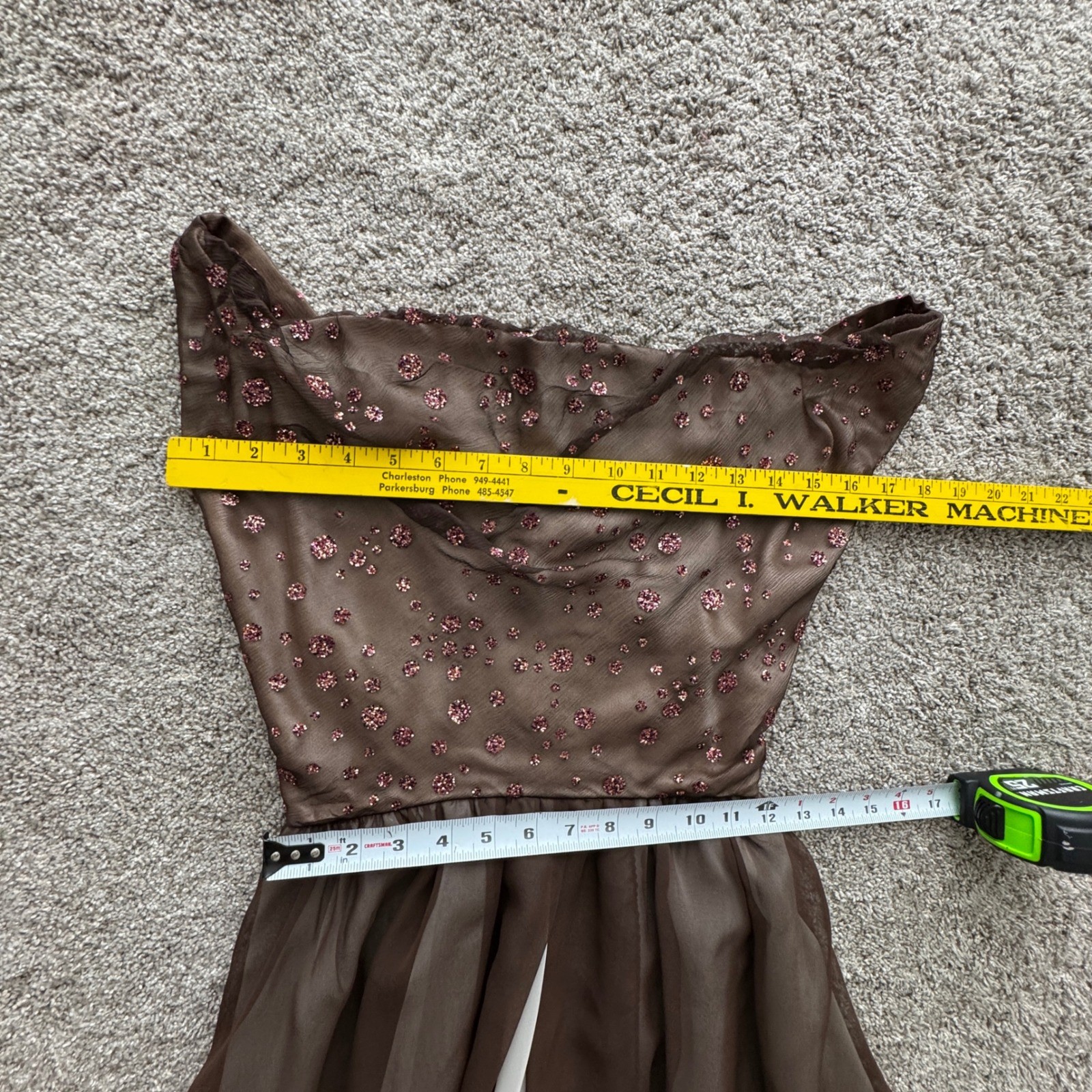Vintage Handmade Brown Chiffon Glitter Polka Dot Evening Gown Dress Asymmetrical